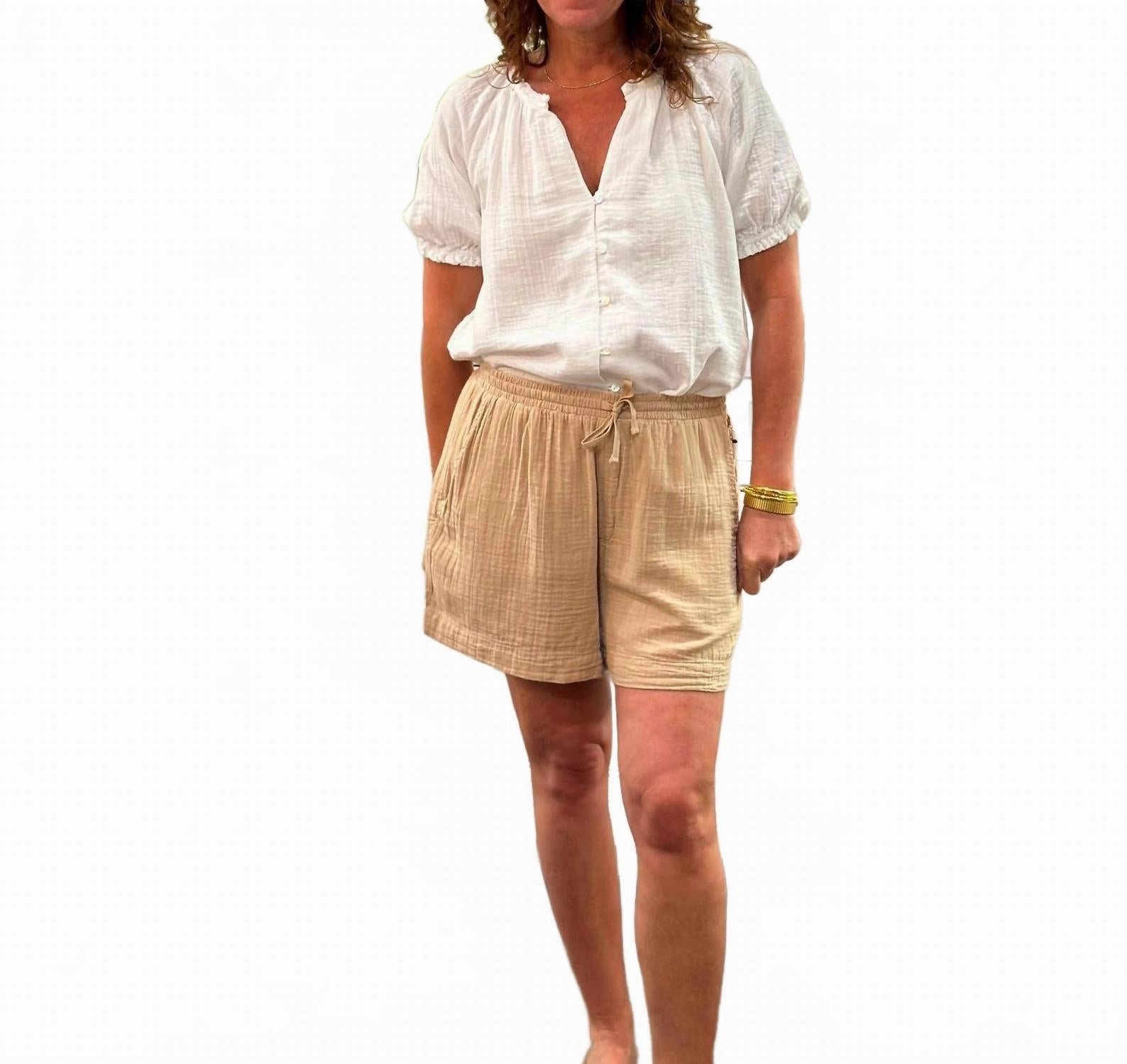Gauze Drawstring Short In Khaki Street Ready Hypoallergenic Textile