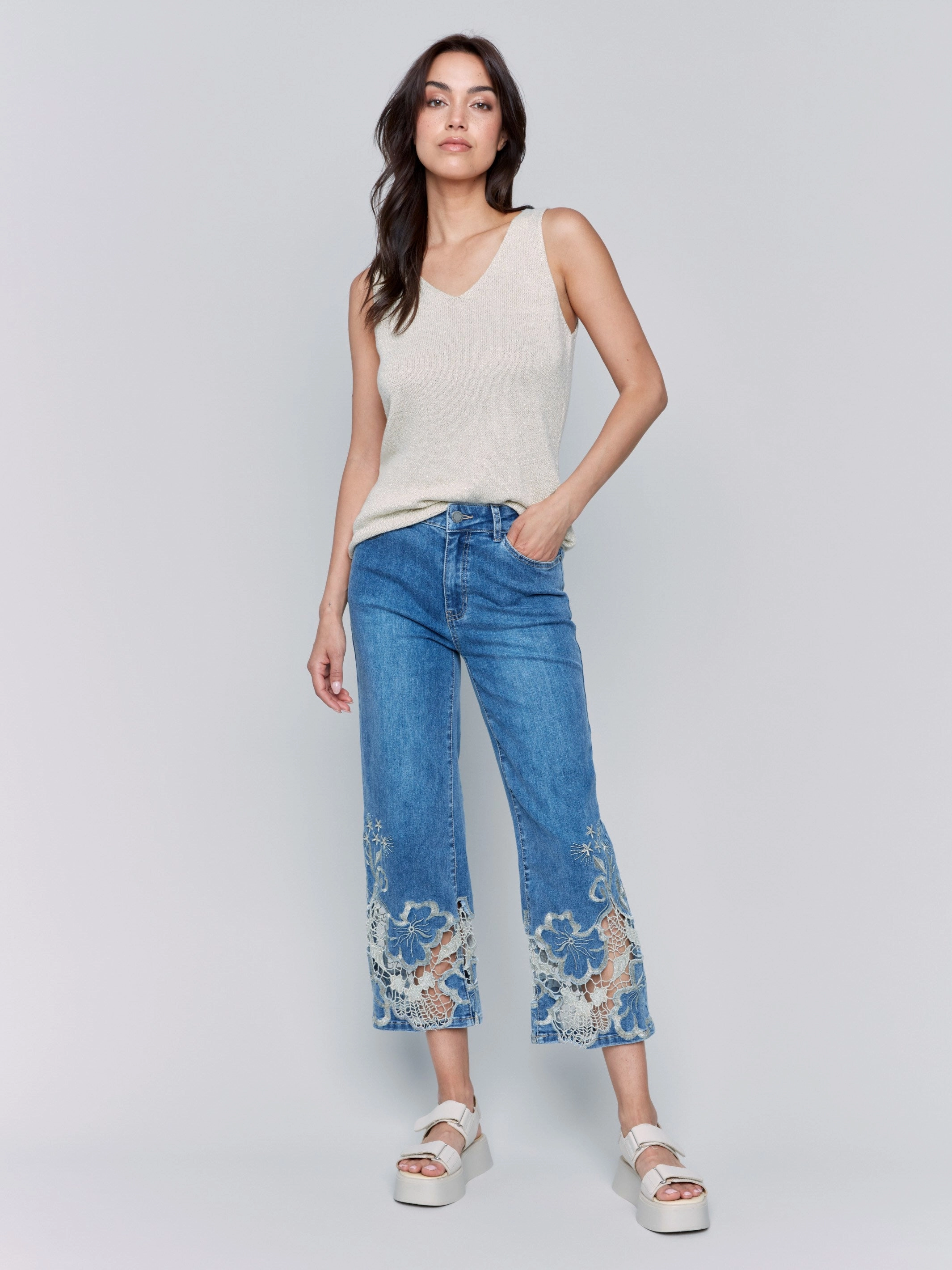 Plain style Cropped Flare Leg Jeans with Lace Hem - Medium Blue