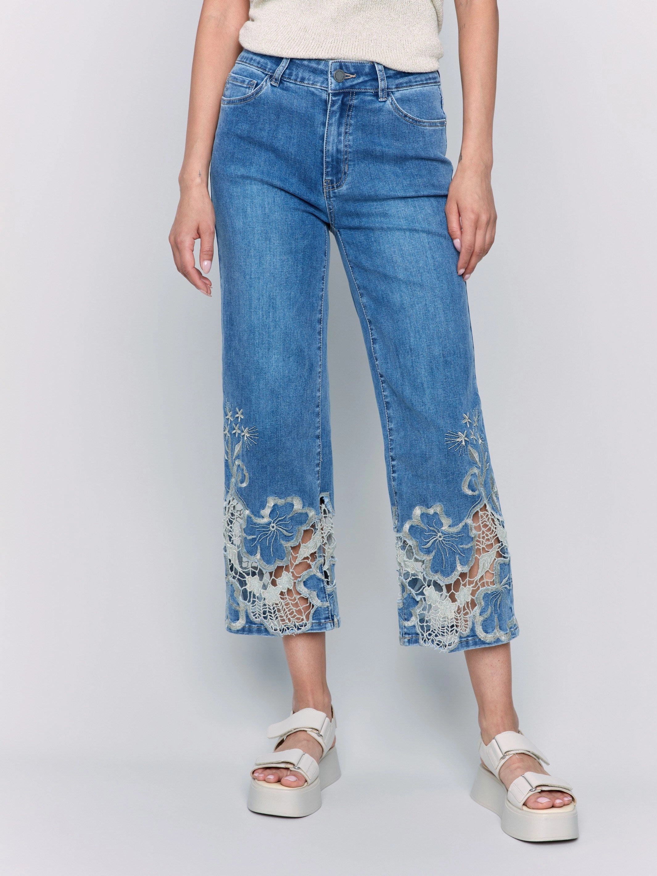 Pre Shrunk Material Cropped Flare Leg Jeans with Lace Hem - Medium Blue