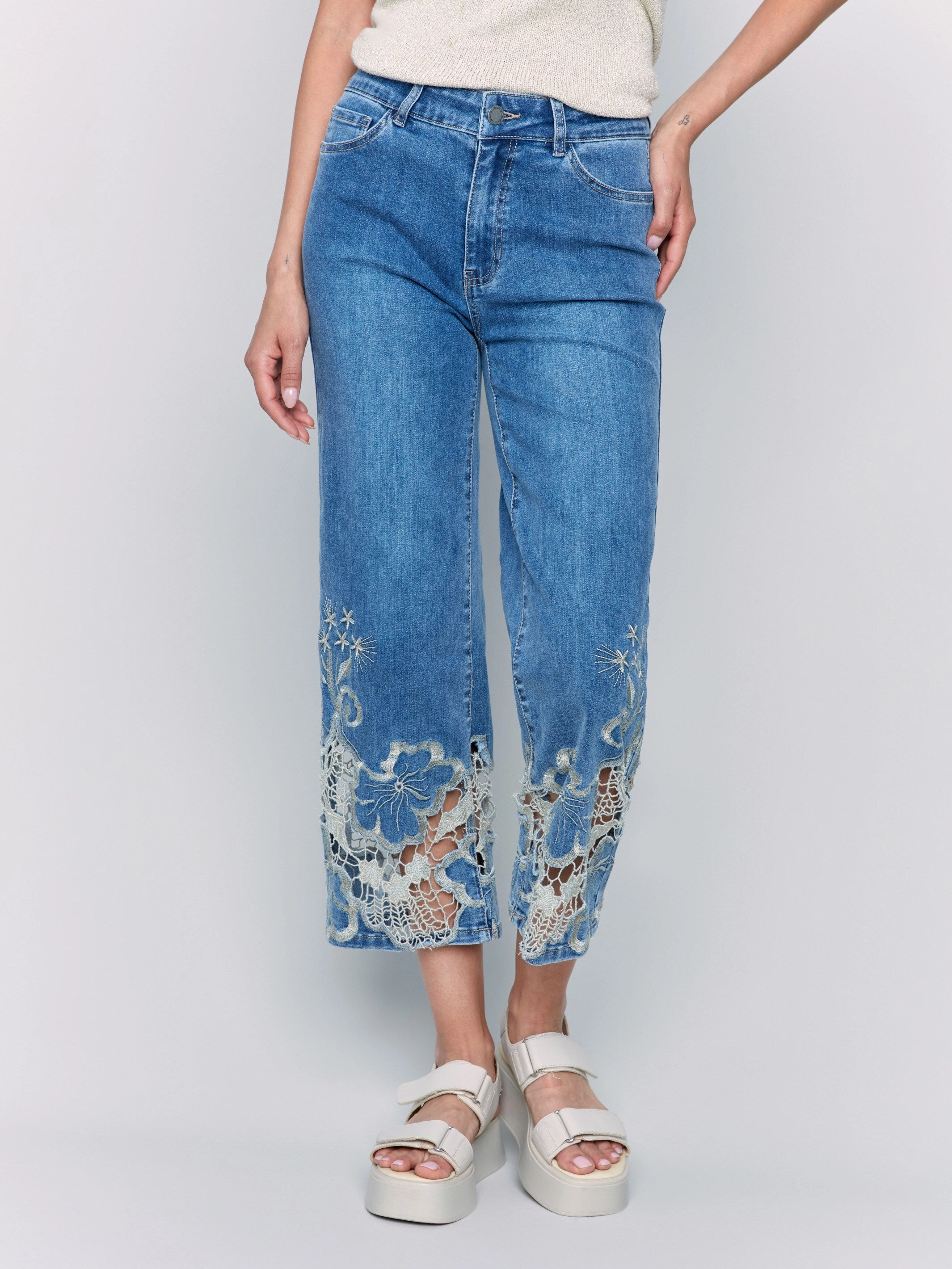 Neutral Outfit Piece Basic Outfit Cropped Flare Leg Jeans with Lace Hem - Medium Blue