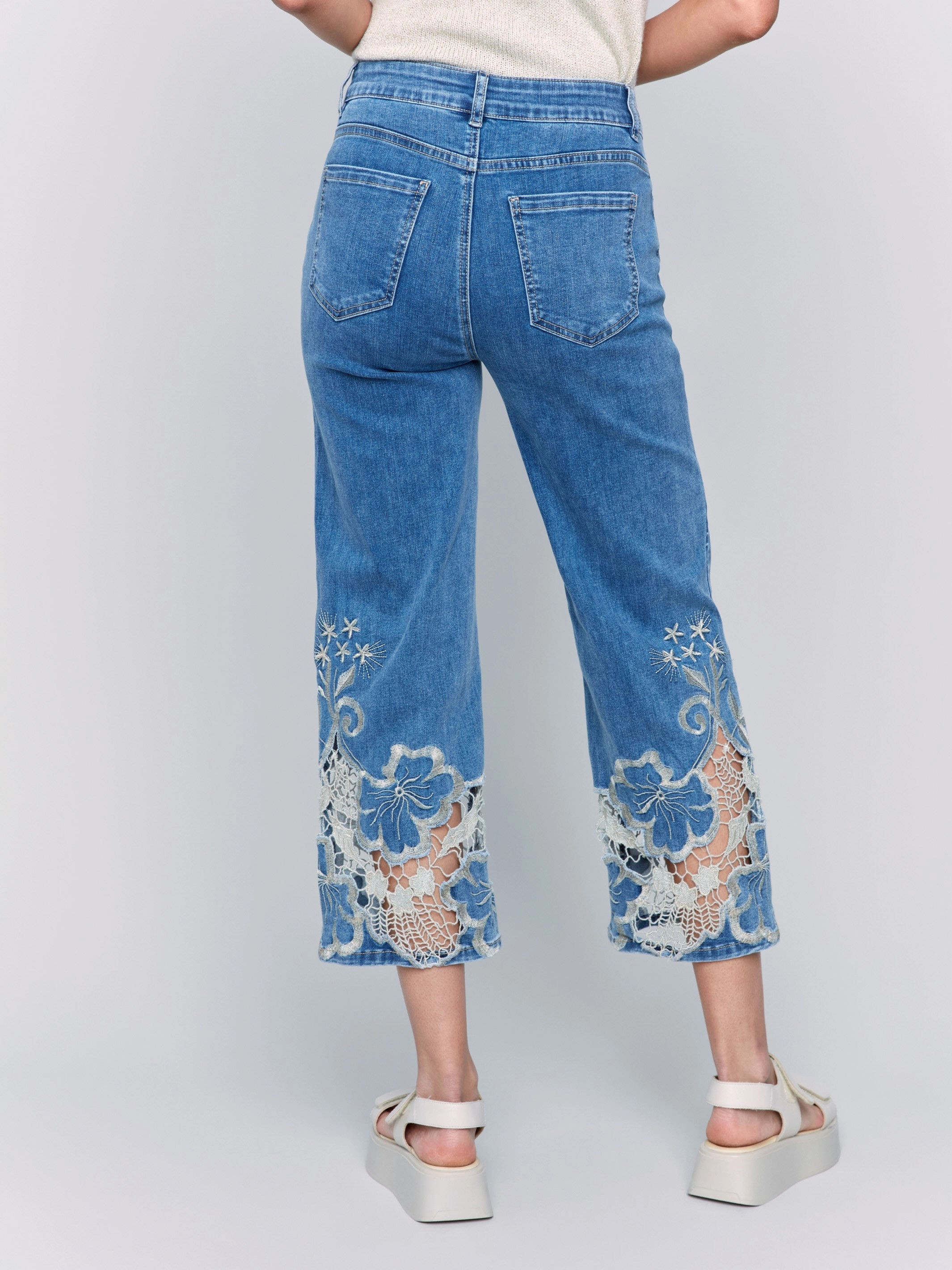 Cropped Flare Leg Jeans with Lace Hem - Medium Blue Daily Uniform Casual Luxury Winter Warmth