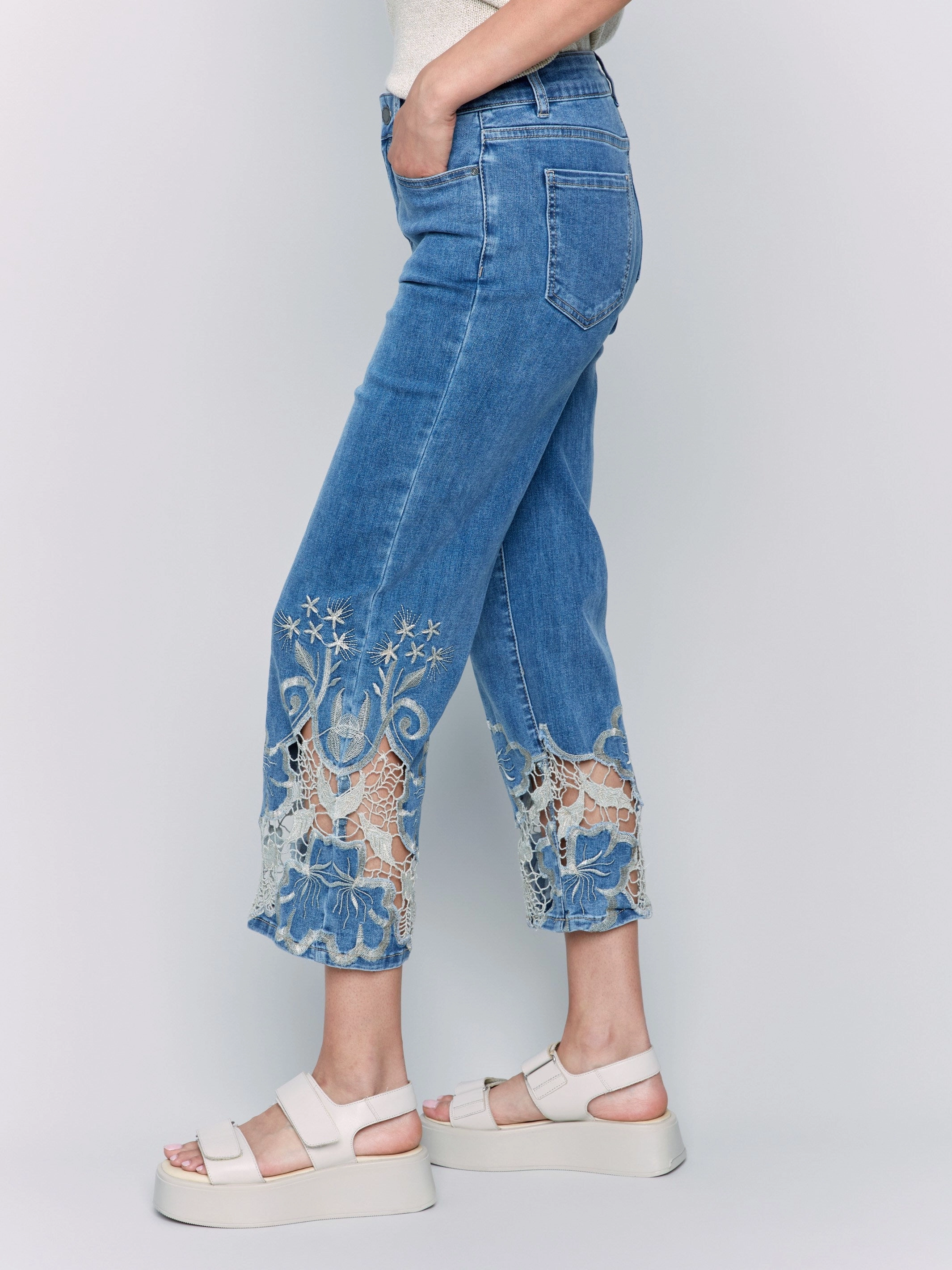 Cropped Flare Leg Jeans with Lace Hem - Medium Blue Modern Outfit
