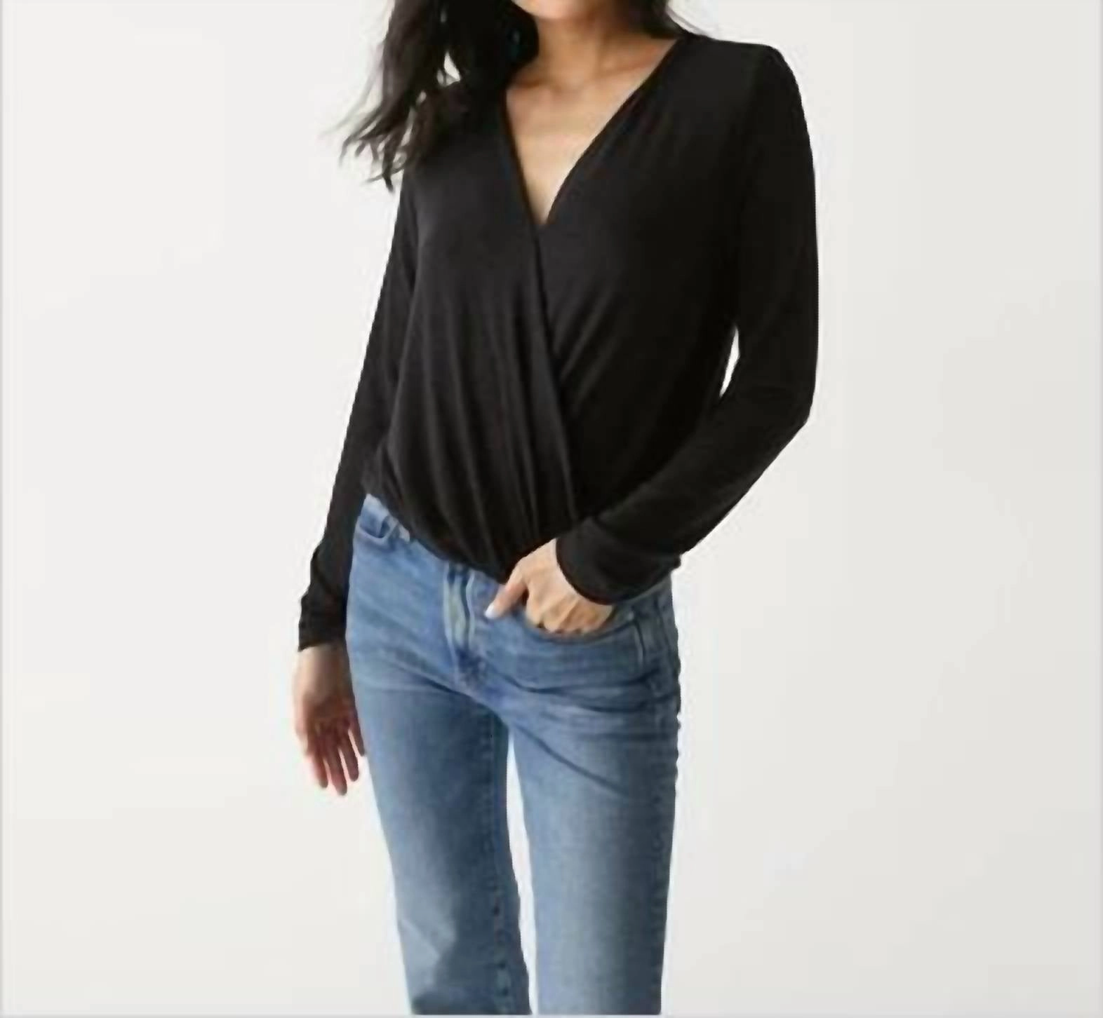 Janet Tahoe Jersey Surplice Top In Black Chilly Weather Everyday Layers