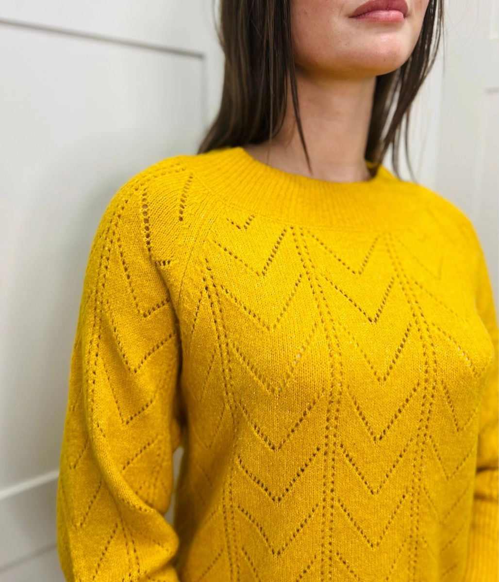 Classic Fit Layer Design Ochre Pointelle Crew Neck Jumper
