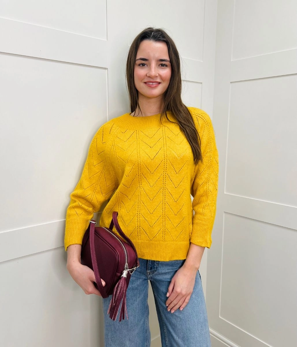 Crew Neck Design Ochre Pointelle Crew Neck Jumper