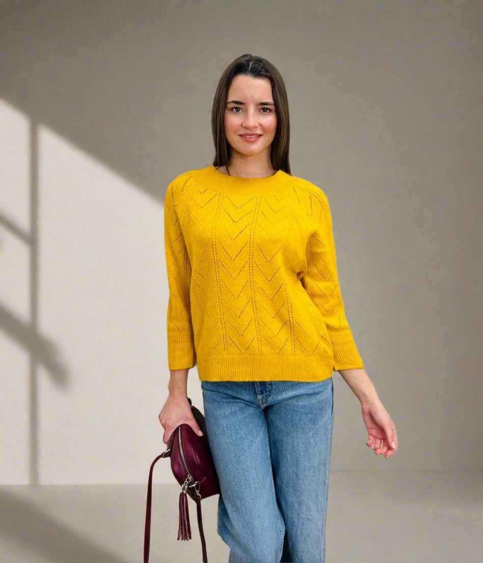 Soft Warmth Ochre Pointelle Crew Neck Jumper