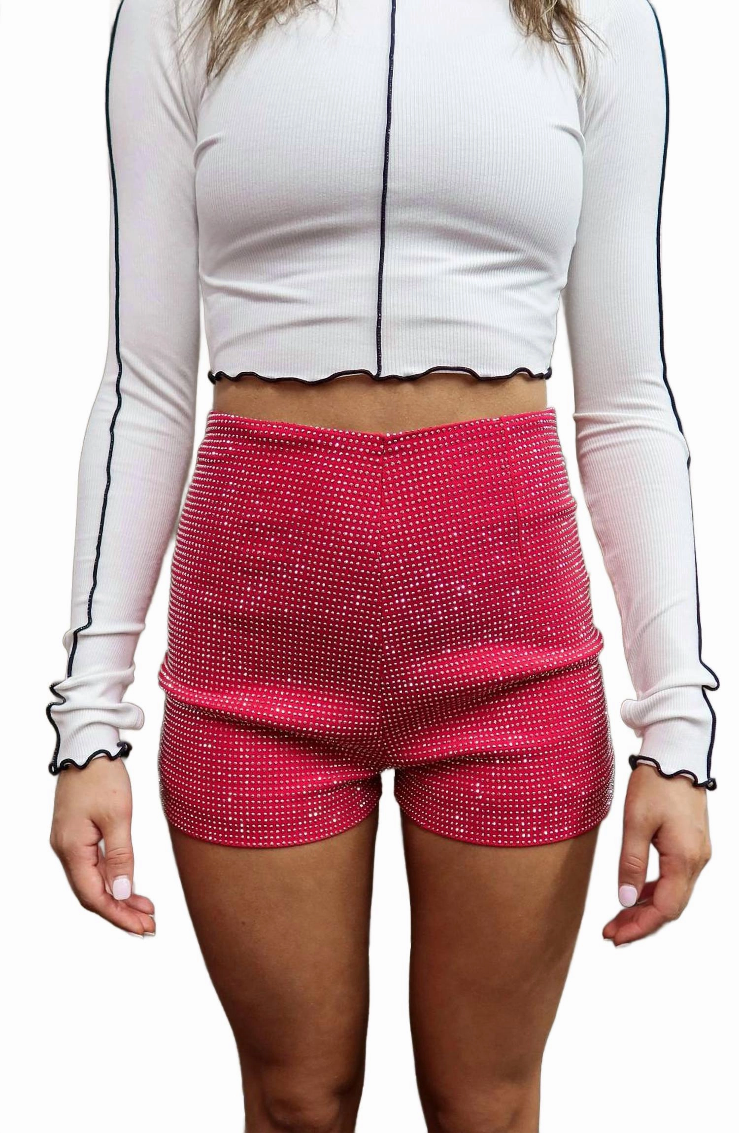 Lounge Ready Anniversary Gift Rhinestone Studded Shorts In Red