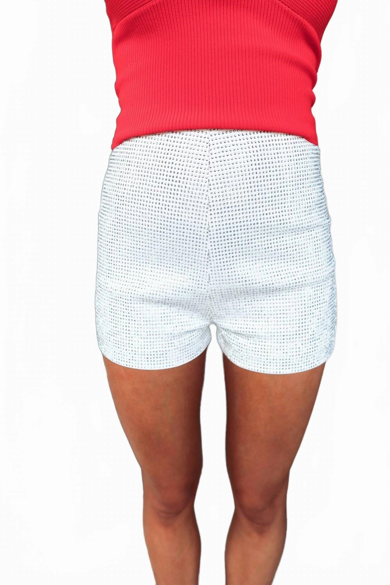 Rhinestone Studded Shorts In White Basic Feel Layered Look