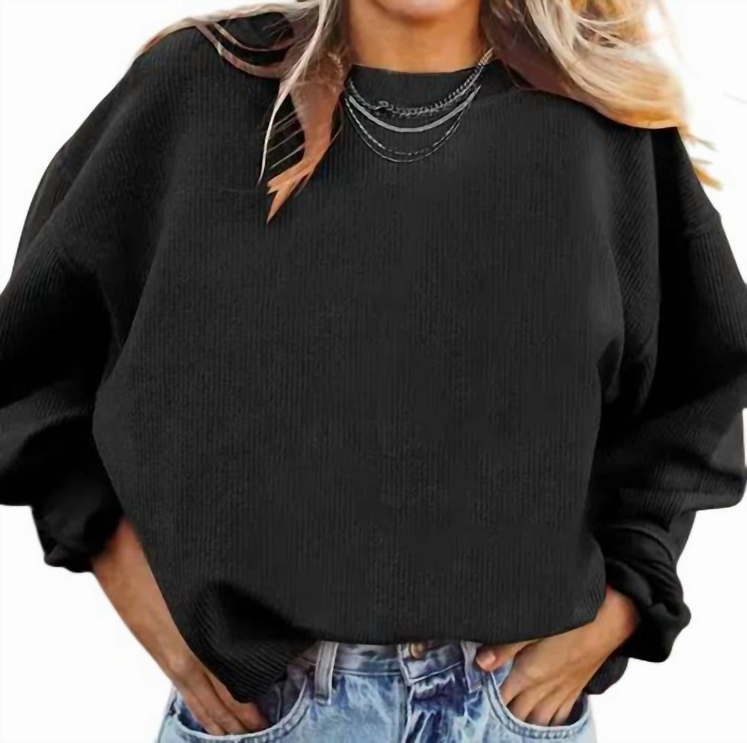 Ribbed Corded Crew Sweatshirt In Dark Gray Layering Style Fine Gauge