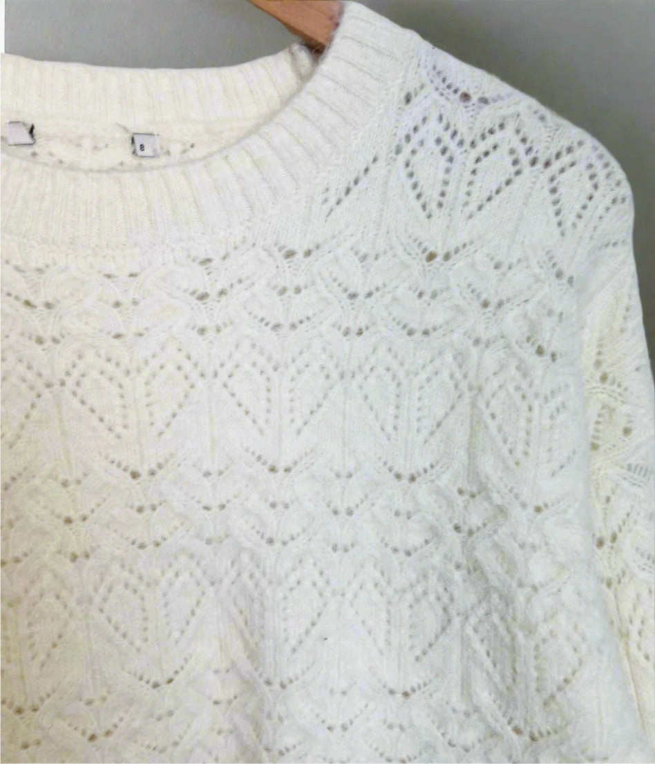 Ethical Production Knitwear Roomy Waist Ivory Crochet knit Wool Blend Jumper