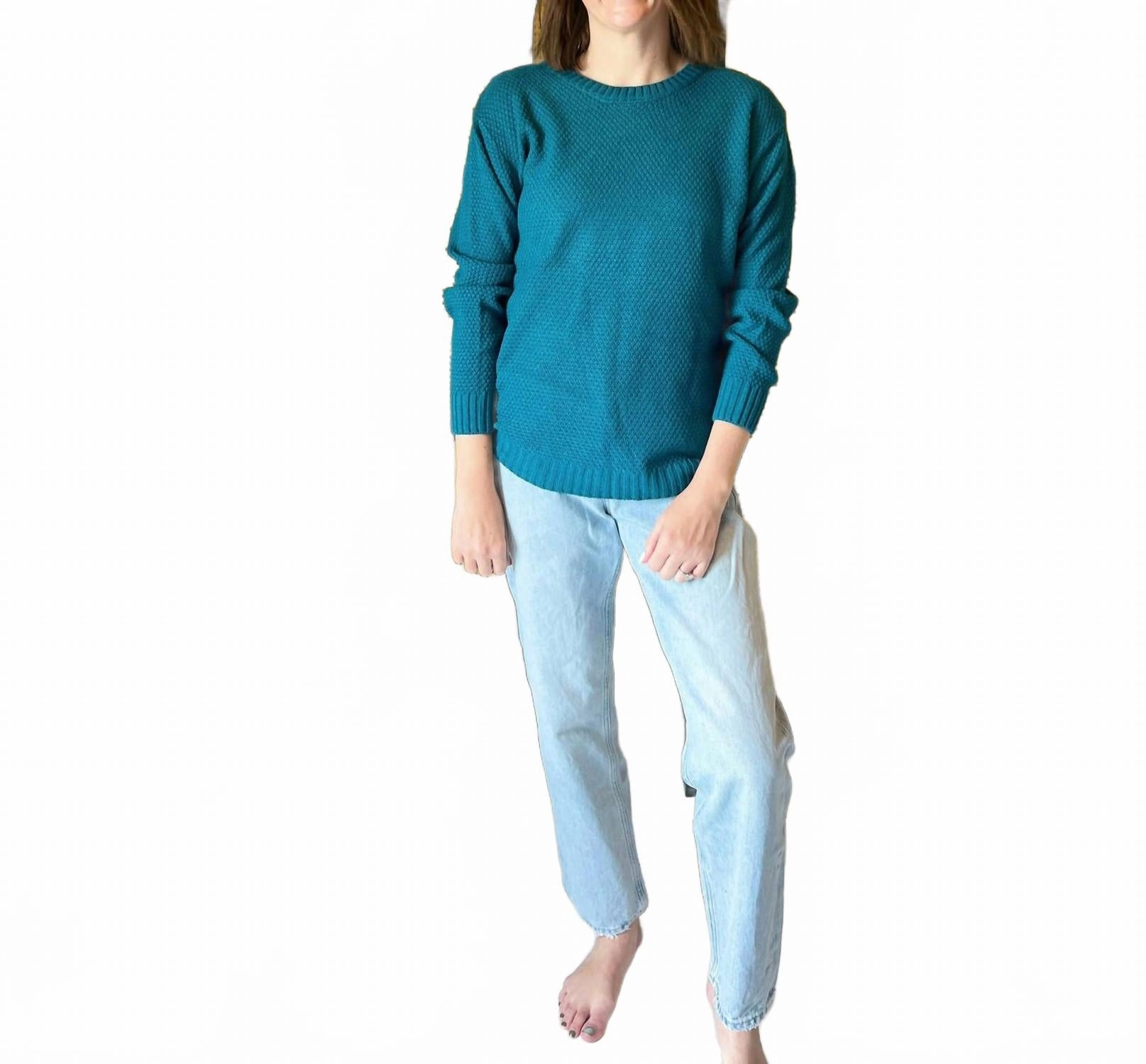 Layering Piece Chilly Day Knit Riley Round Neck Sweater In Ocean Teal