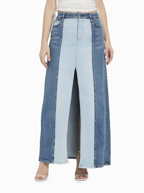 Key Feature Rye Low-Rise Two-Tone Denim Maxi Skirt In Brooklyn Blue