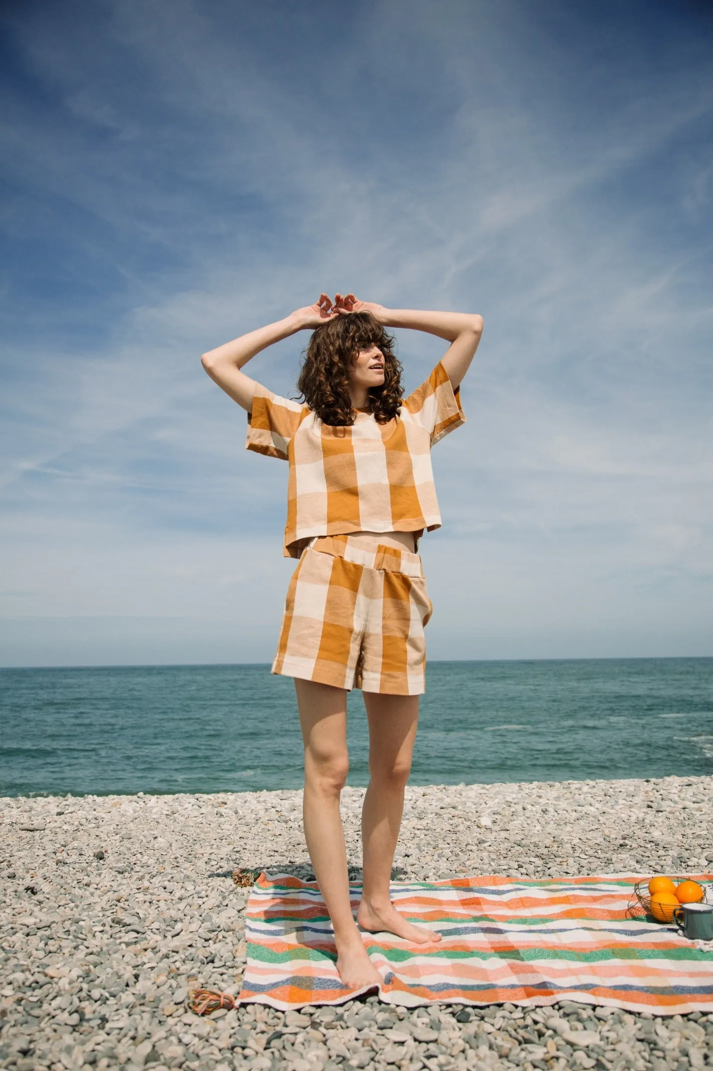 Roll-up style Comfy Waistband Samudra-Cay Organic Cotton Shorts in Ecru and Golden Tan