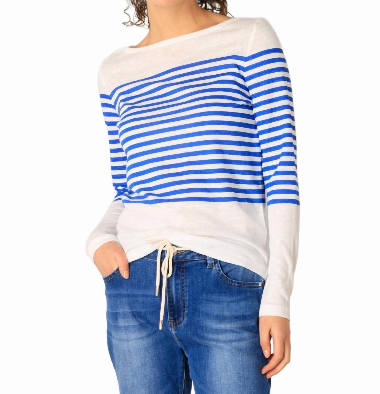 Warm Layers Tactile Grid Knit Renate Boatneck Striped Sweater In Off White/cobalt