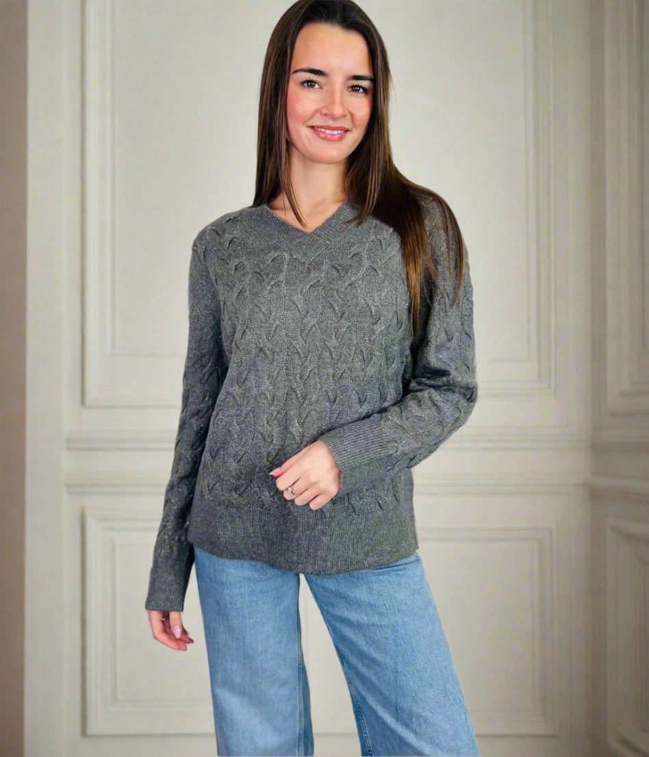 Grey Sparkle Cable Knit Jumper Comfy Knit Outfit Fashionable Wear