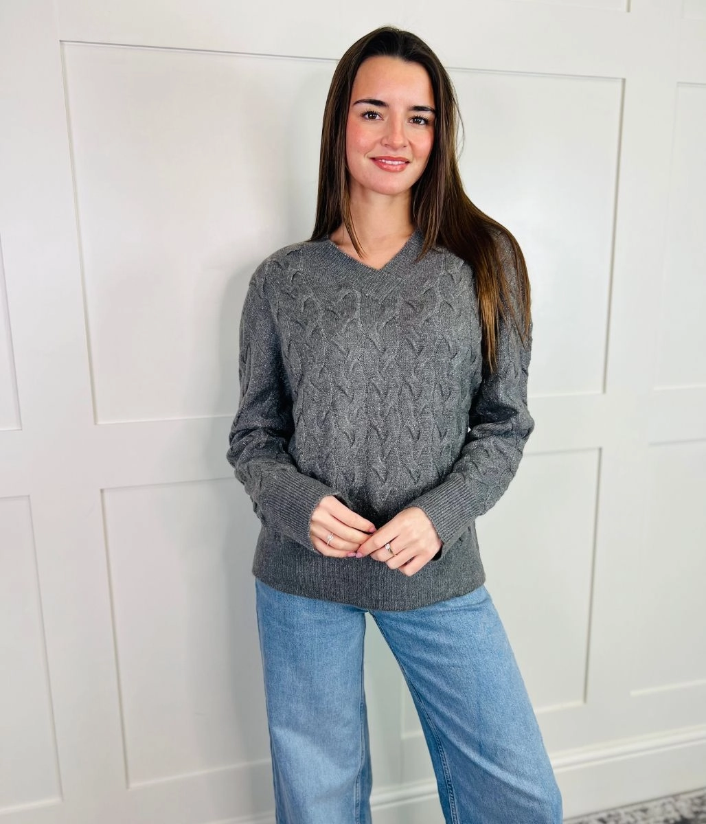 Reinforced Shoulder Seams Grey Sparkle Cable Knit Jumper