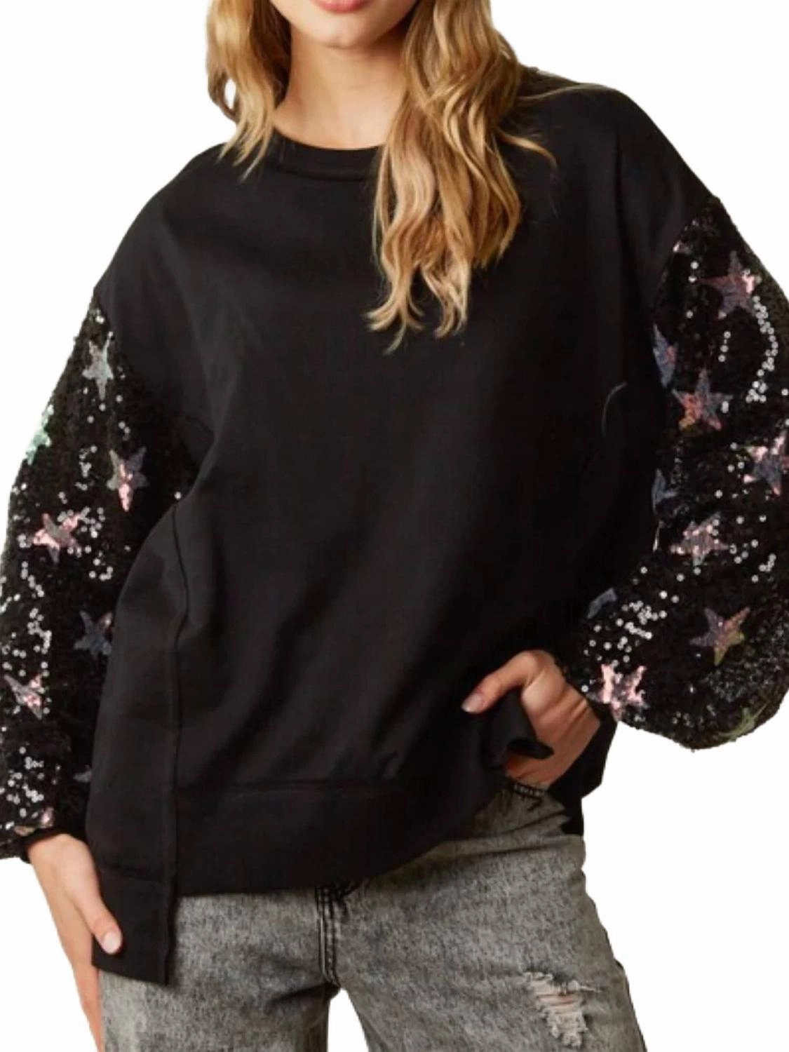 Sequin Star Oversized Sweatshirt In Black Breathable mesh lining