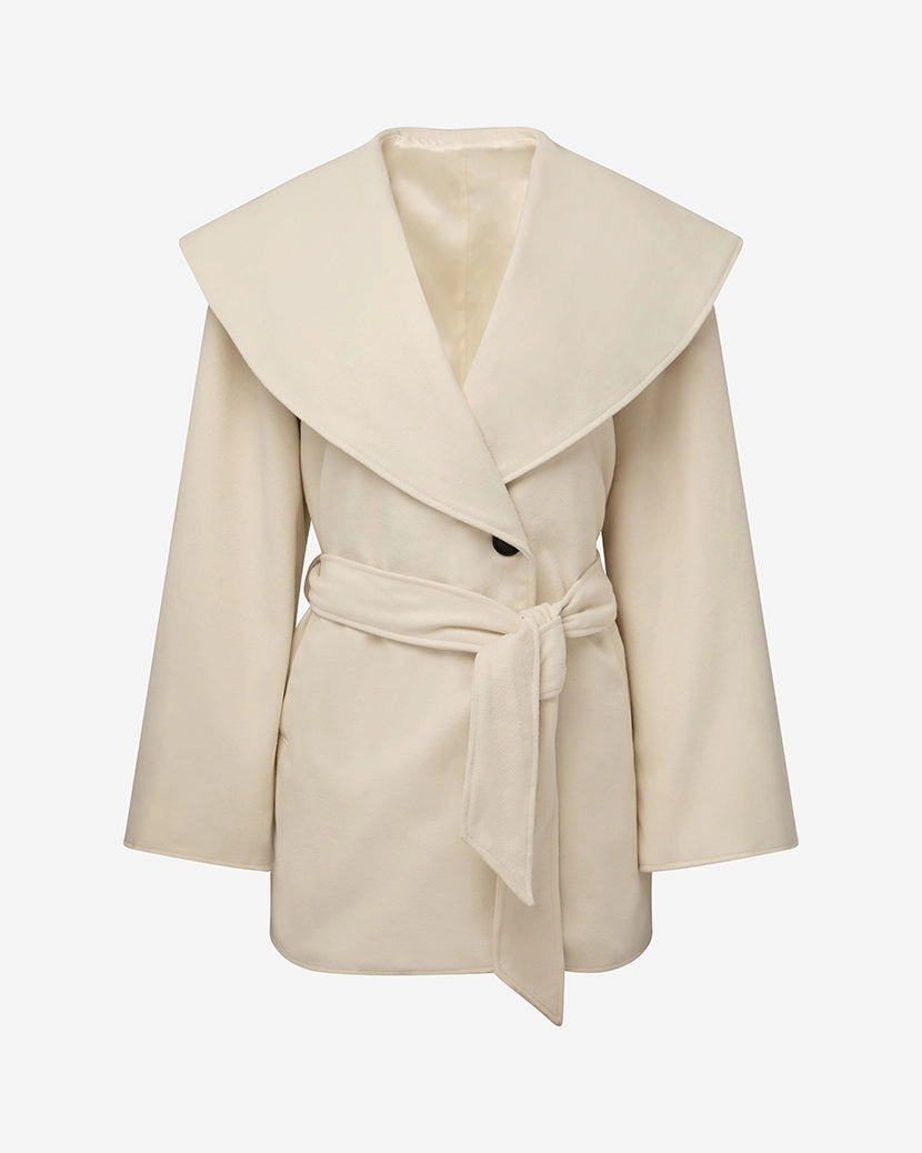 Shawl Collar Wool Coat FullCoverageHood Magnetic Closure