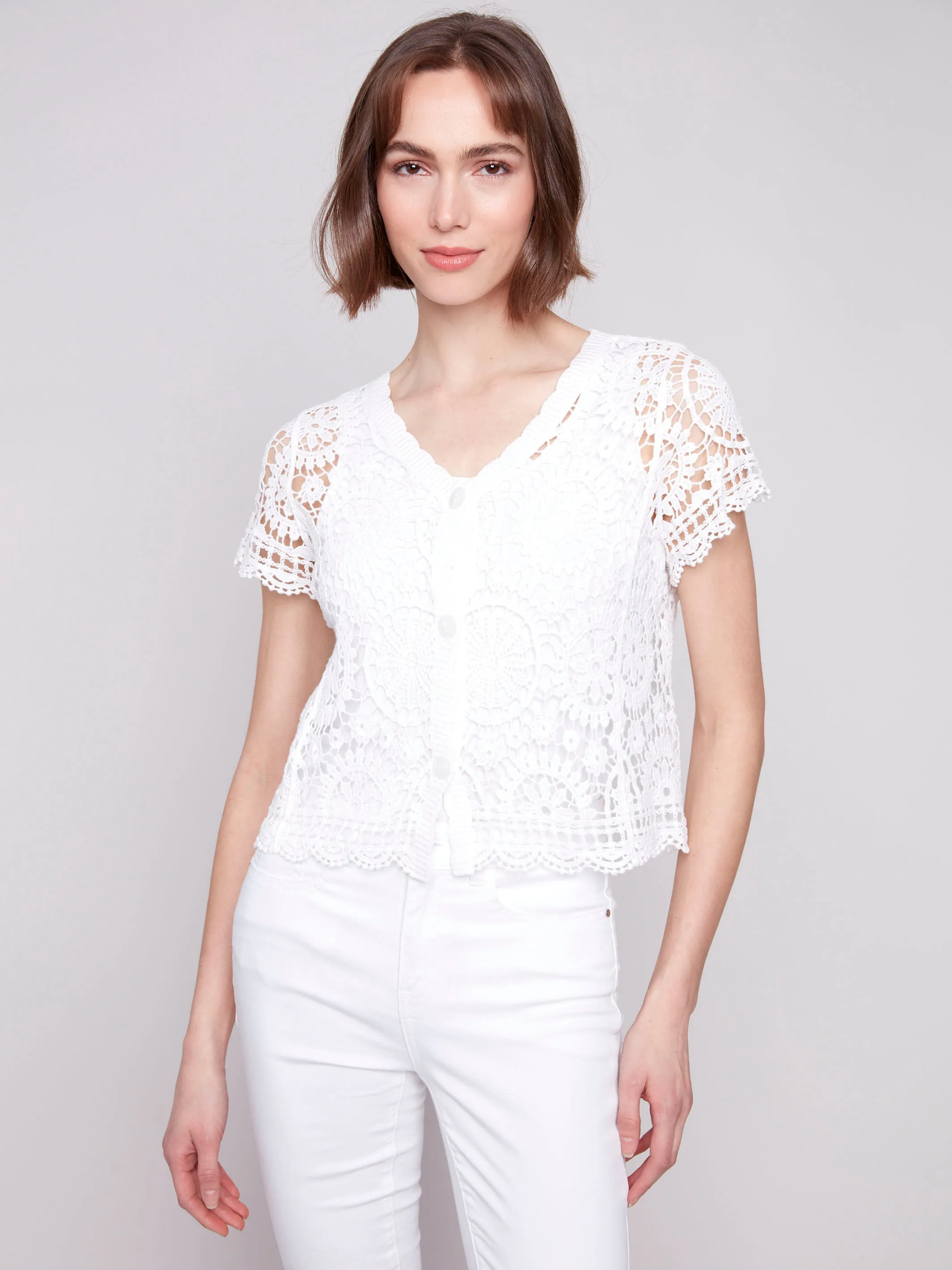 Layered Hem Detail Short Sleeve Crochet Bolero Cardigan - White
