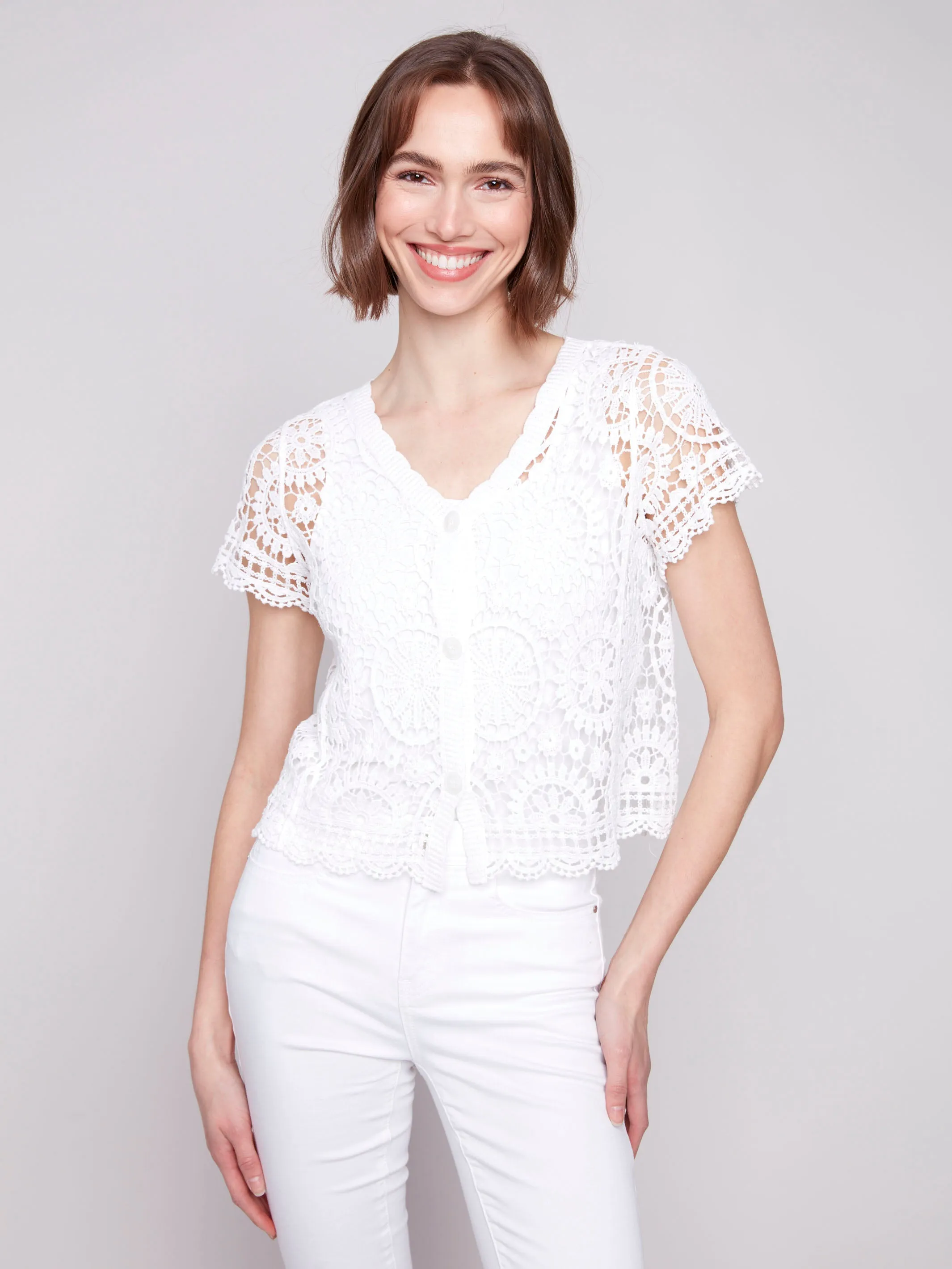 Short Sleeve Crochet Bolero Cardigan - White Tagless Comfort Beach Wear