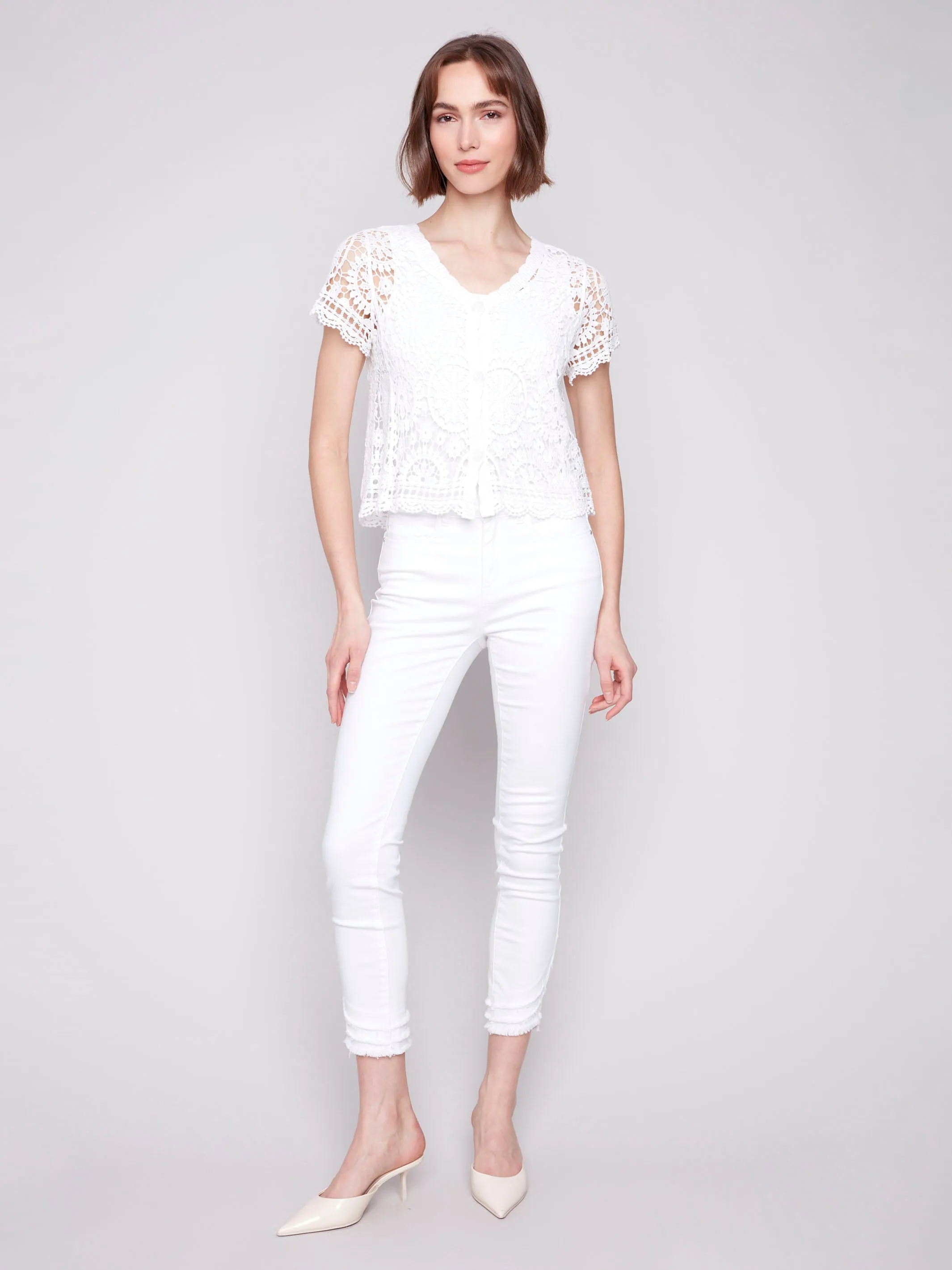 Light and Soft Urban Look Short Sleeve Crochet Bolero Cardigan - White