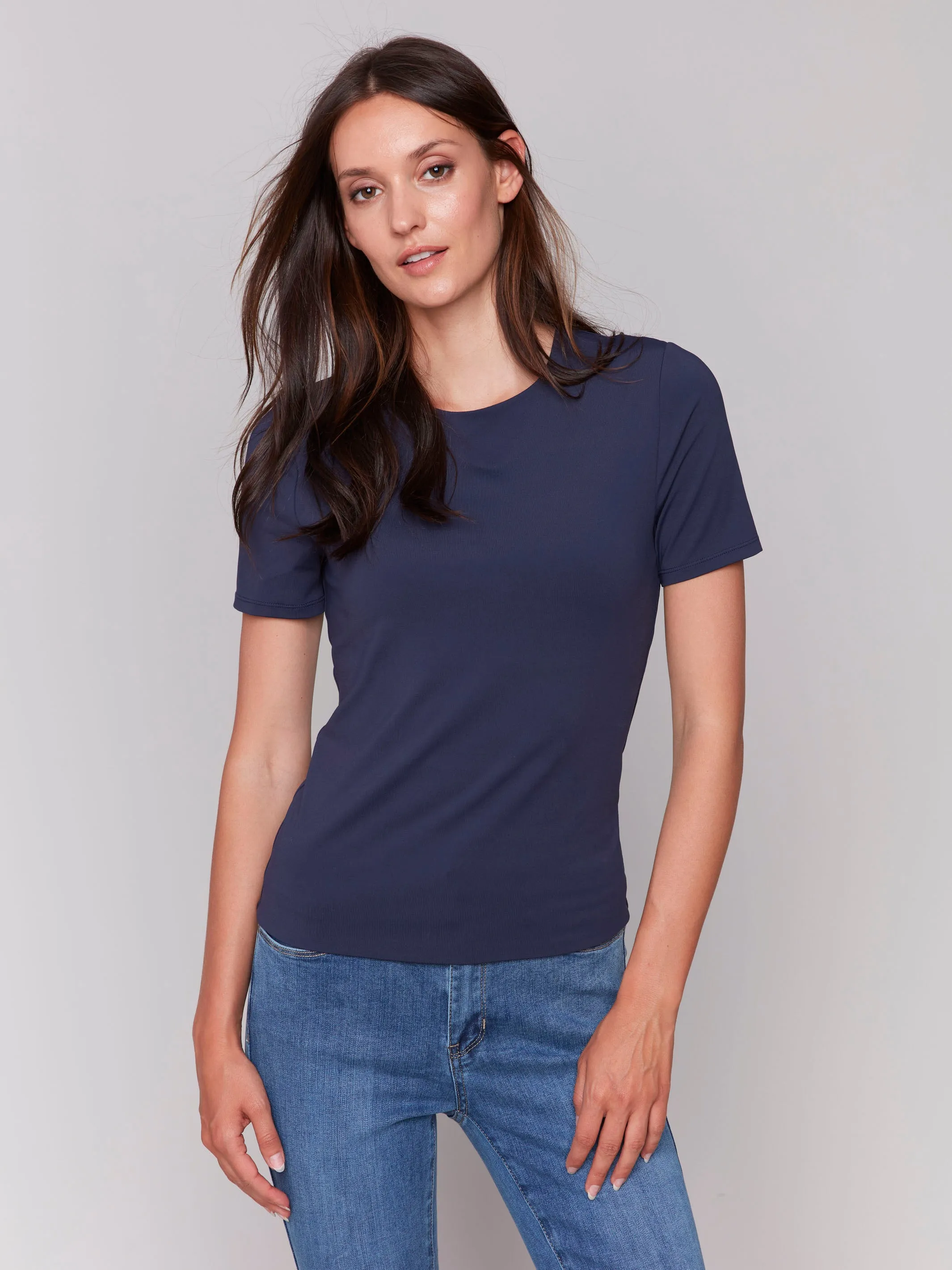 Ribbed Knit Fabric Short-Sleeved Super Stretch Top - Navy