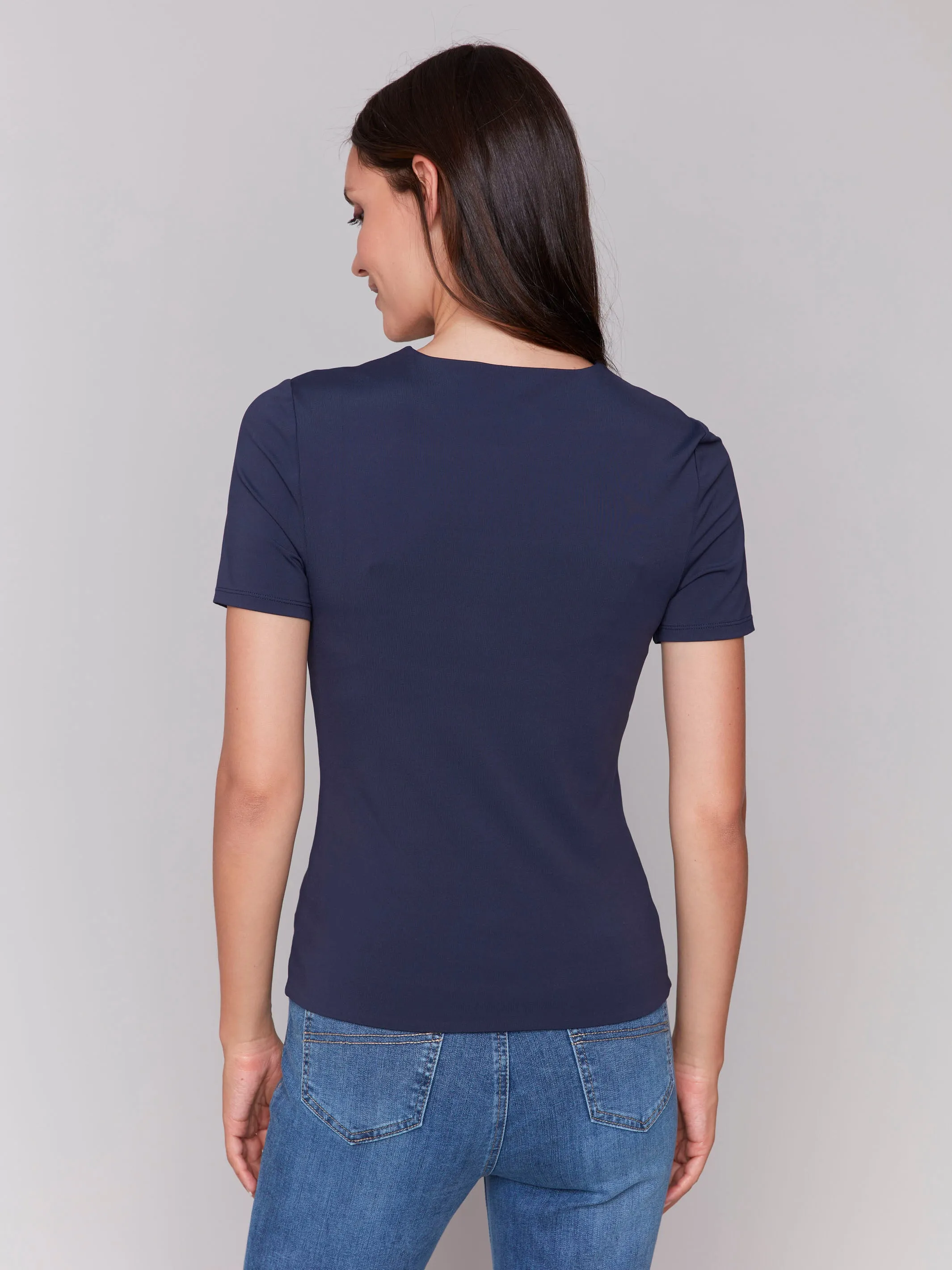 Short-Sleeved Super Stretch Top - Navy Drop Shoulder Design Drop Shoulder Silhouette