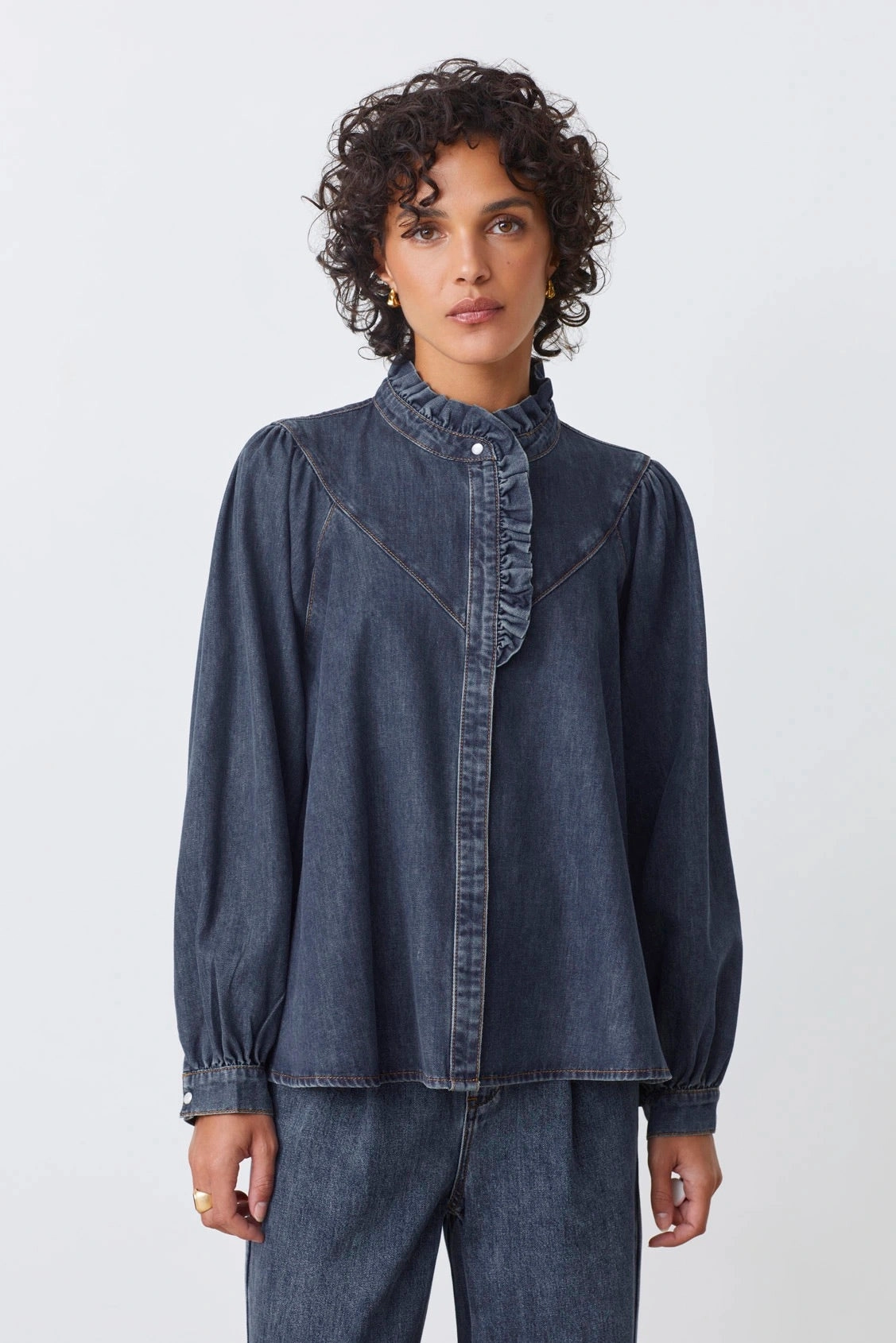 Lively Blouse - Blue Jeans Mesh Panel Details HighNeckCut