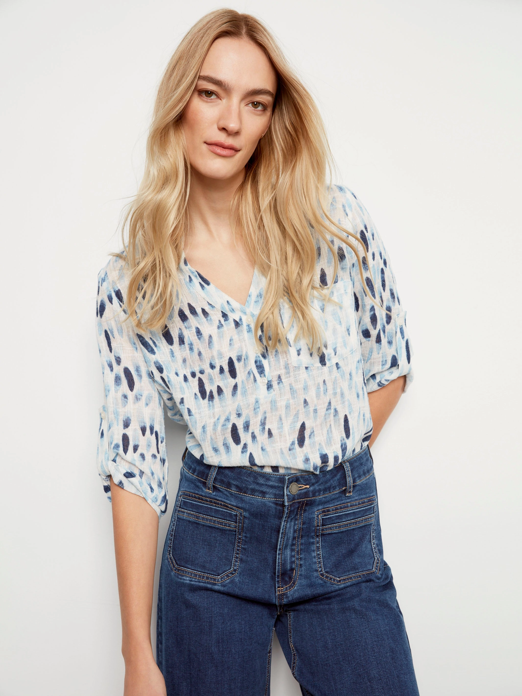 Printed Cotton Gauze Half-Button Blouse - Blue Teen Fashion Mesh Insert