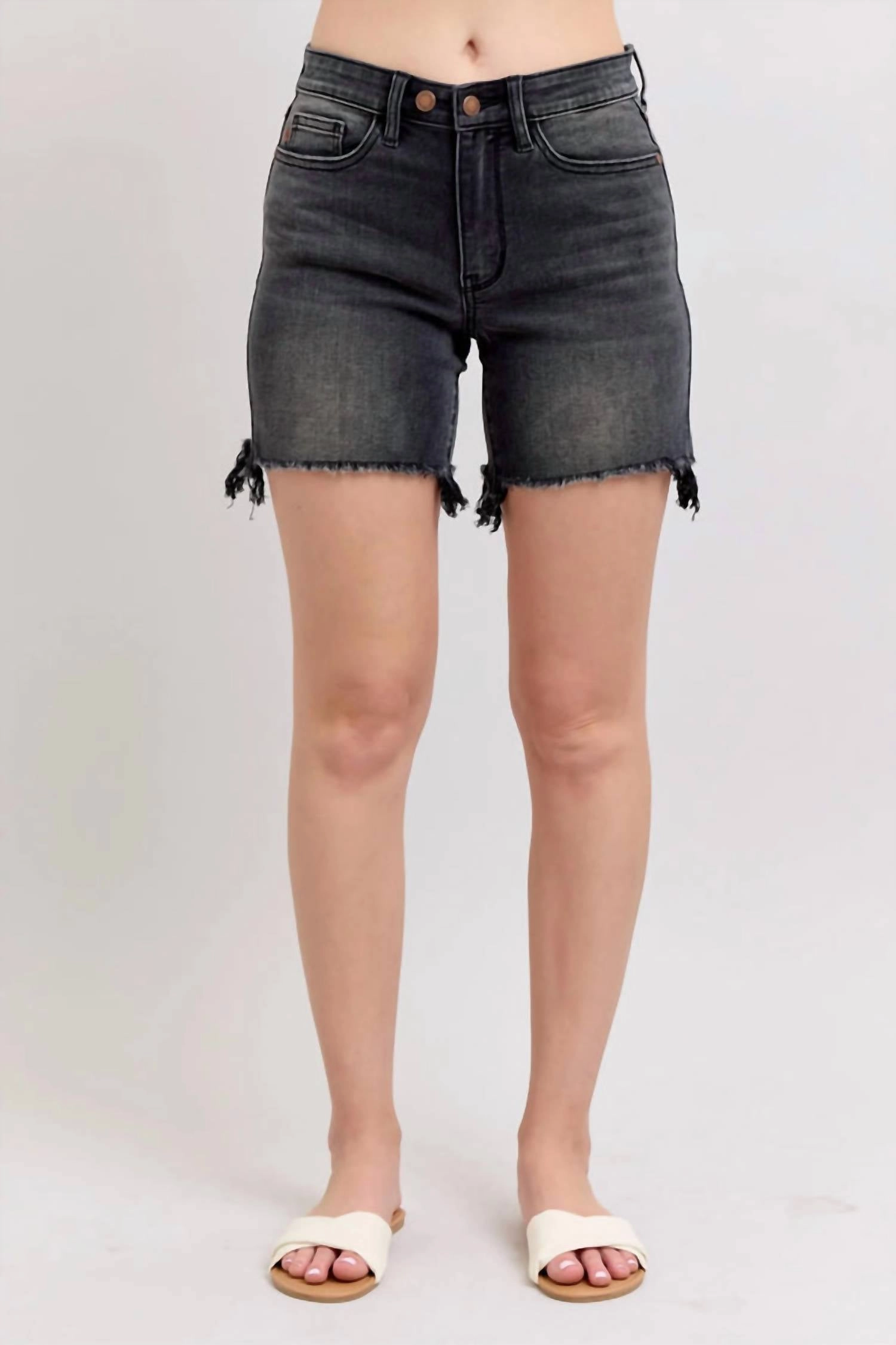 Semi-formal Anti Pilling Technology Long Cut Off 2 Button Dad Shorts In Washed Black