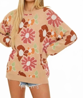 Cozy Apparel Winter Fashionable Jacquard Floral Print Sweater In Taupe