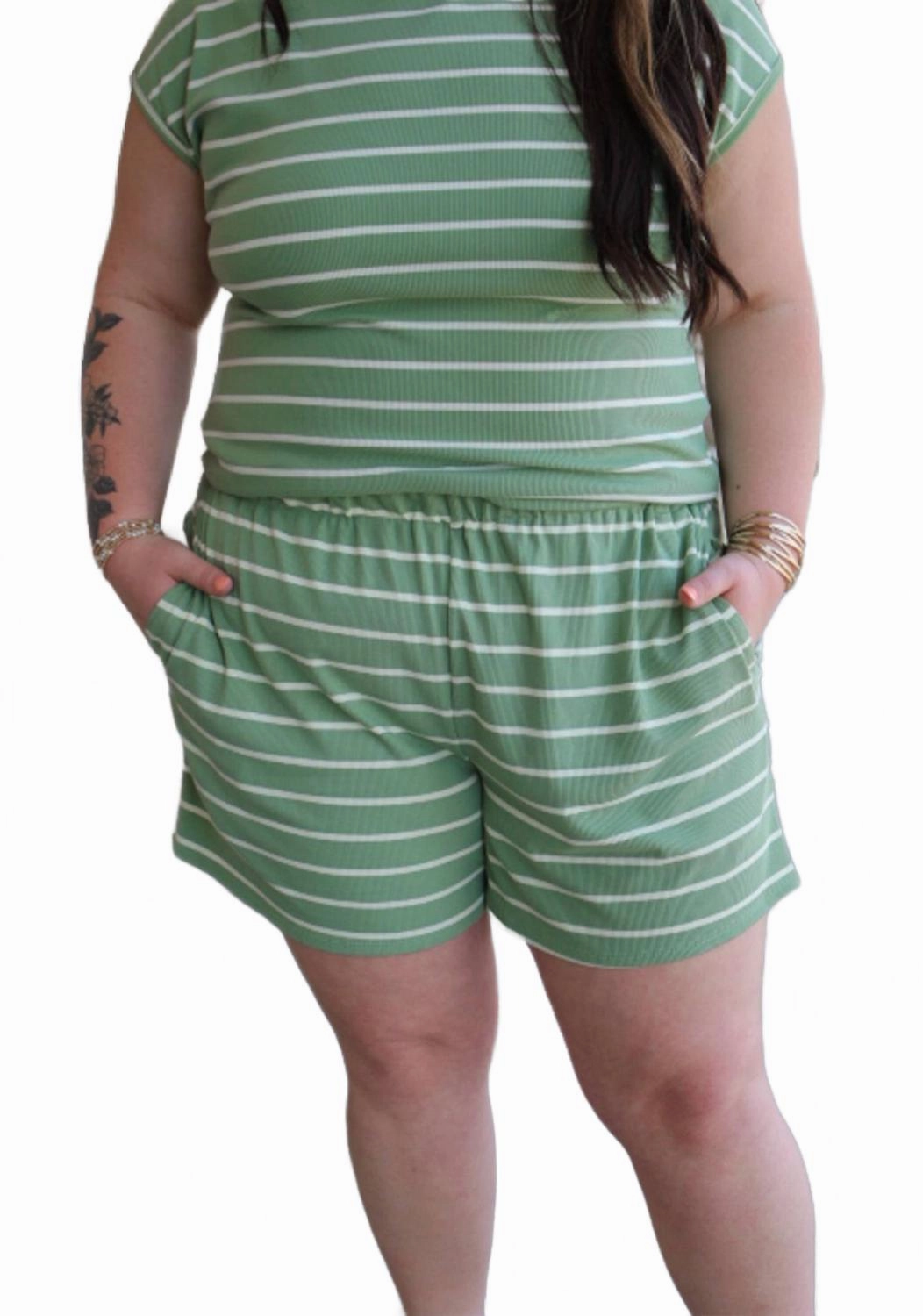 Simple Times Faye Shorts In Sage/white Ventilated Mesh Panels Striped Pattern