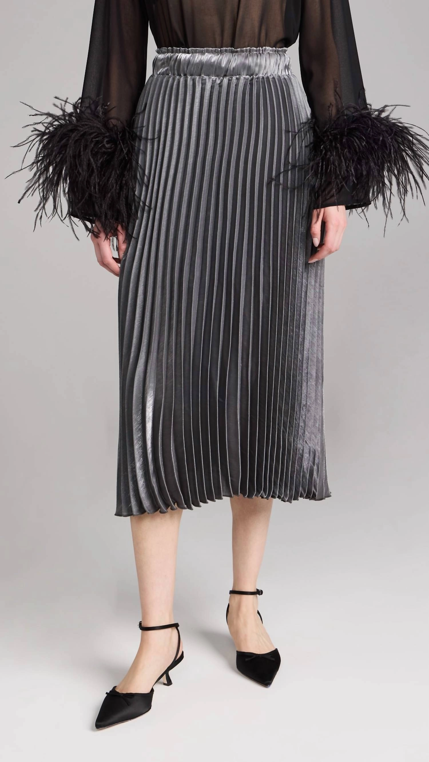 Ruching Details Unique Feature Mona Midi Skirt In Metallic Silver