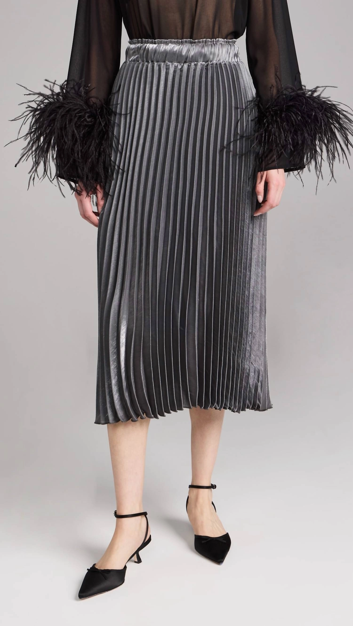 Mona Midi Skirt In Metallic Silver Rolled Hem Light Fabric