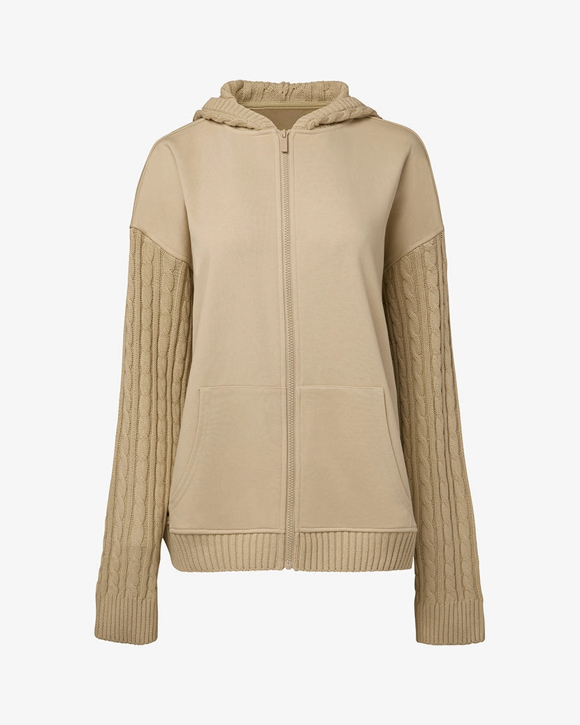 Cable Knit Sleeve Zip Up Hoodie Reinforced Seam Construction Everyday apparel