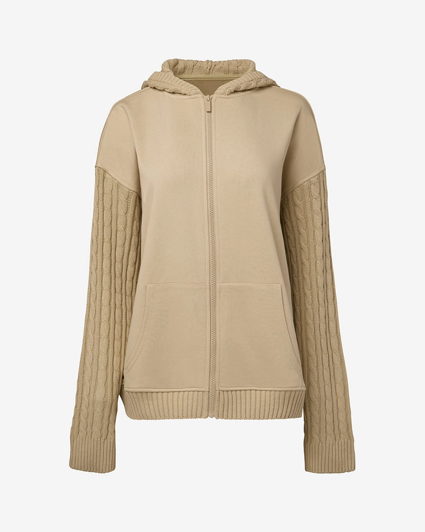 Cable Knit Sleeve Zip Up Hoodie Low Maintenance Fabric