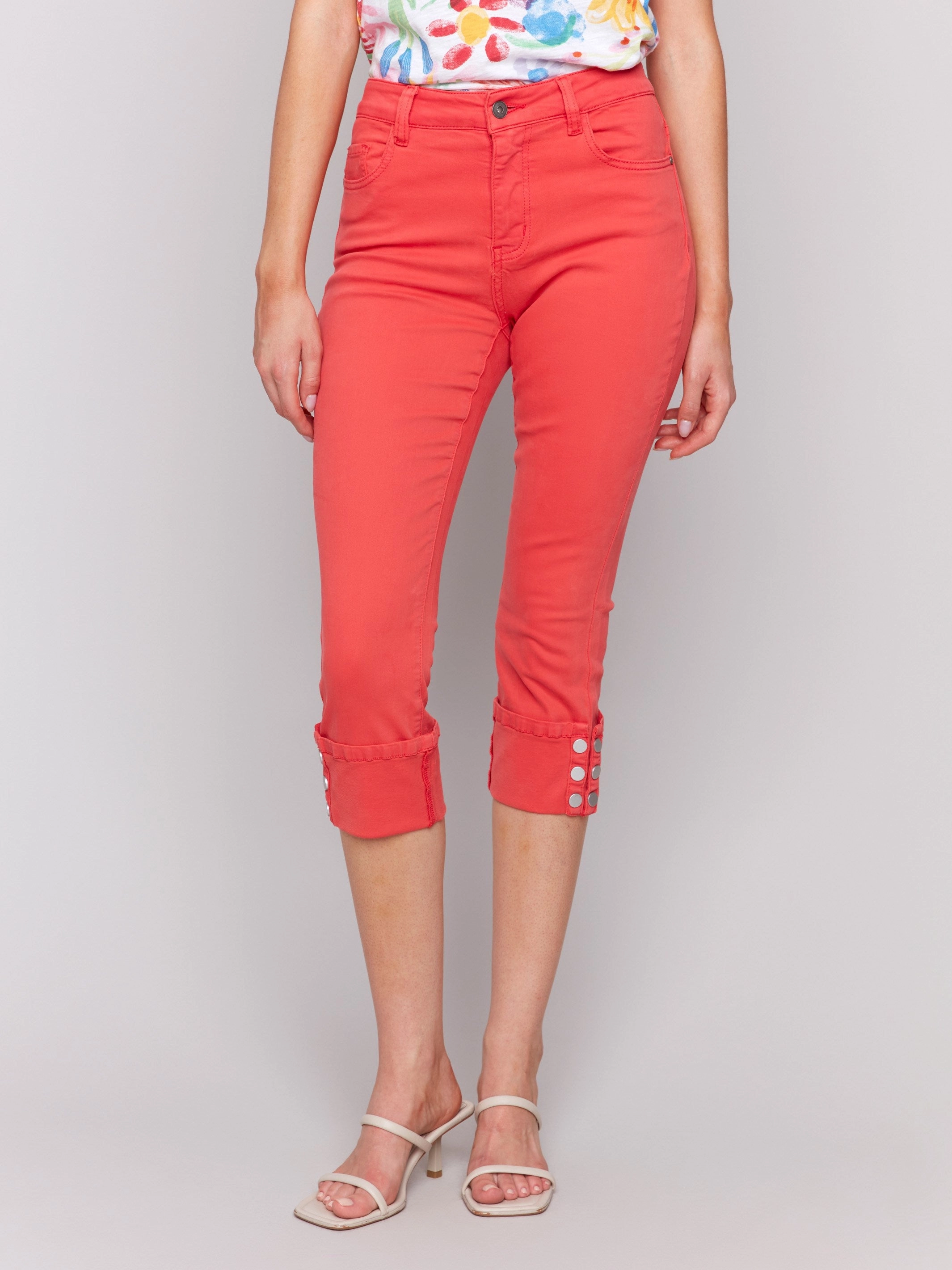 Cropped Twill Jeans with Snap Button Cuff Detail - Fiesta Sunny Vibes Casual Casual Solution