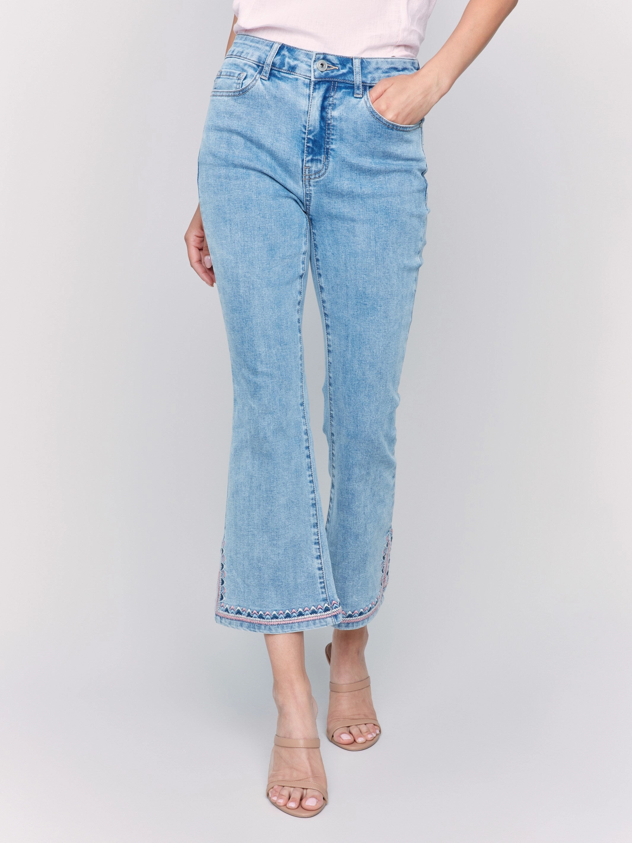Cropped Bootcut Jeans with Embroidered Side Slit - Light Blue City Walk Autumn Days Lightweight Shopping Day Adult Fashion Athlete Fit