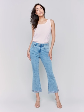 Customizable Fit Cropped Bootcut Jeans with Embroidered Side Slit - Light Blue