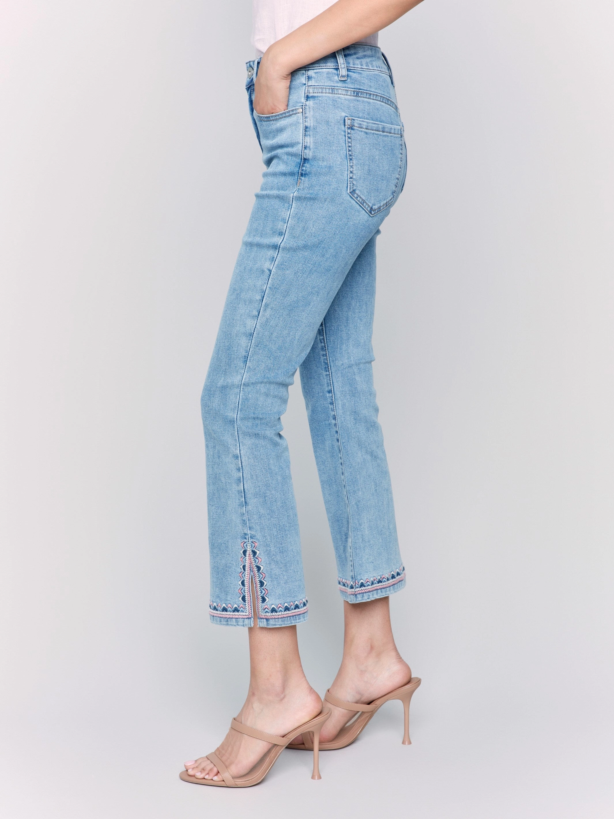 Weekend Style Stretch Bold Look Cropped Bootcut Jeans with Embroidered Side Slit - Light Blue