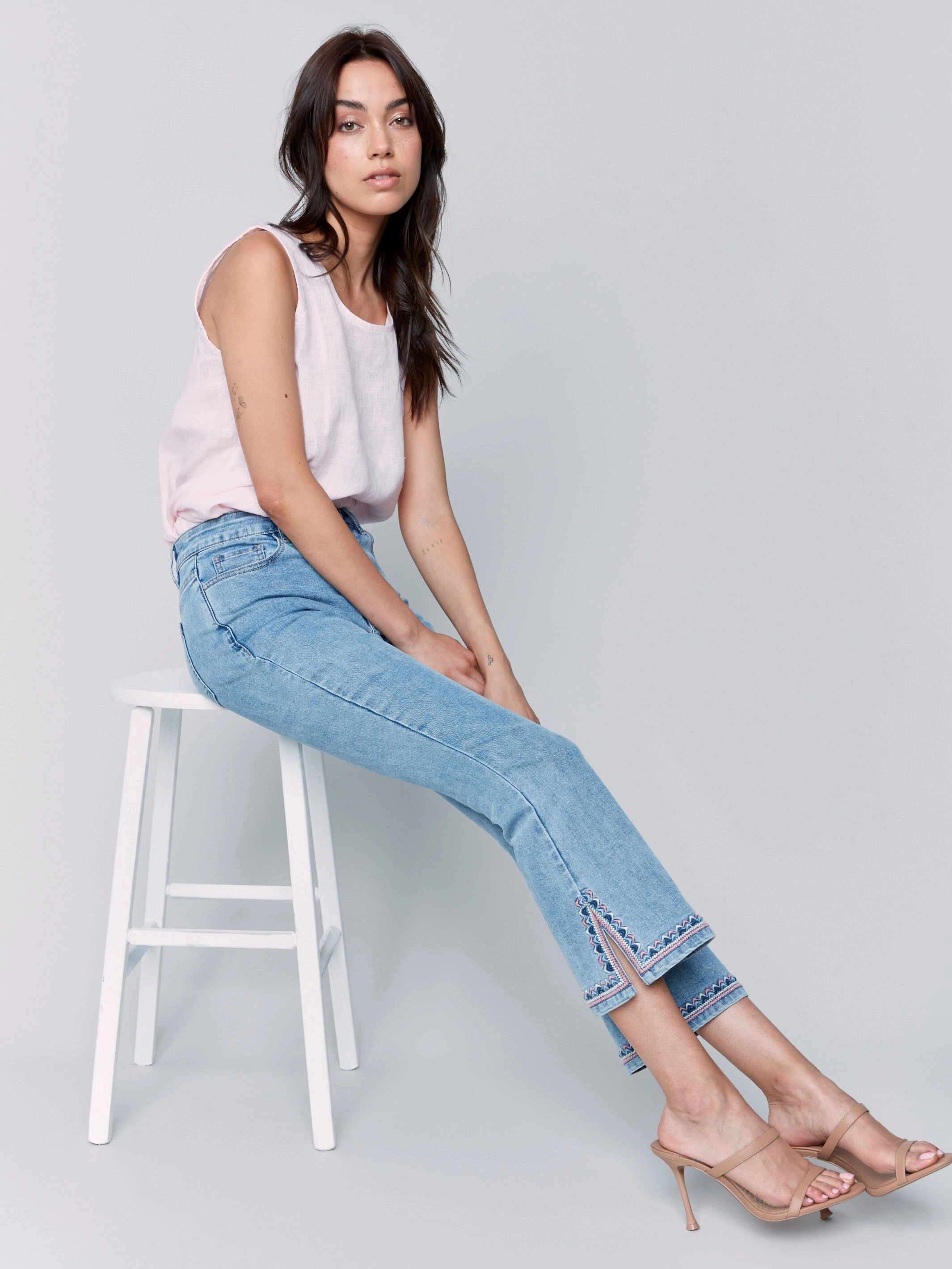 Cropped Bootcut Jeans with Embroidered Side Slit - Light Blue Core Look