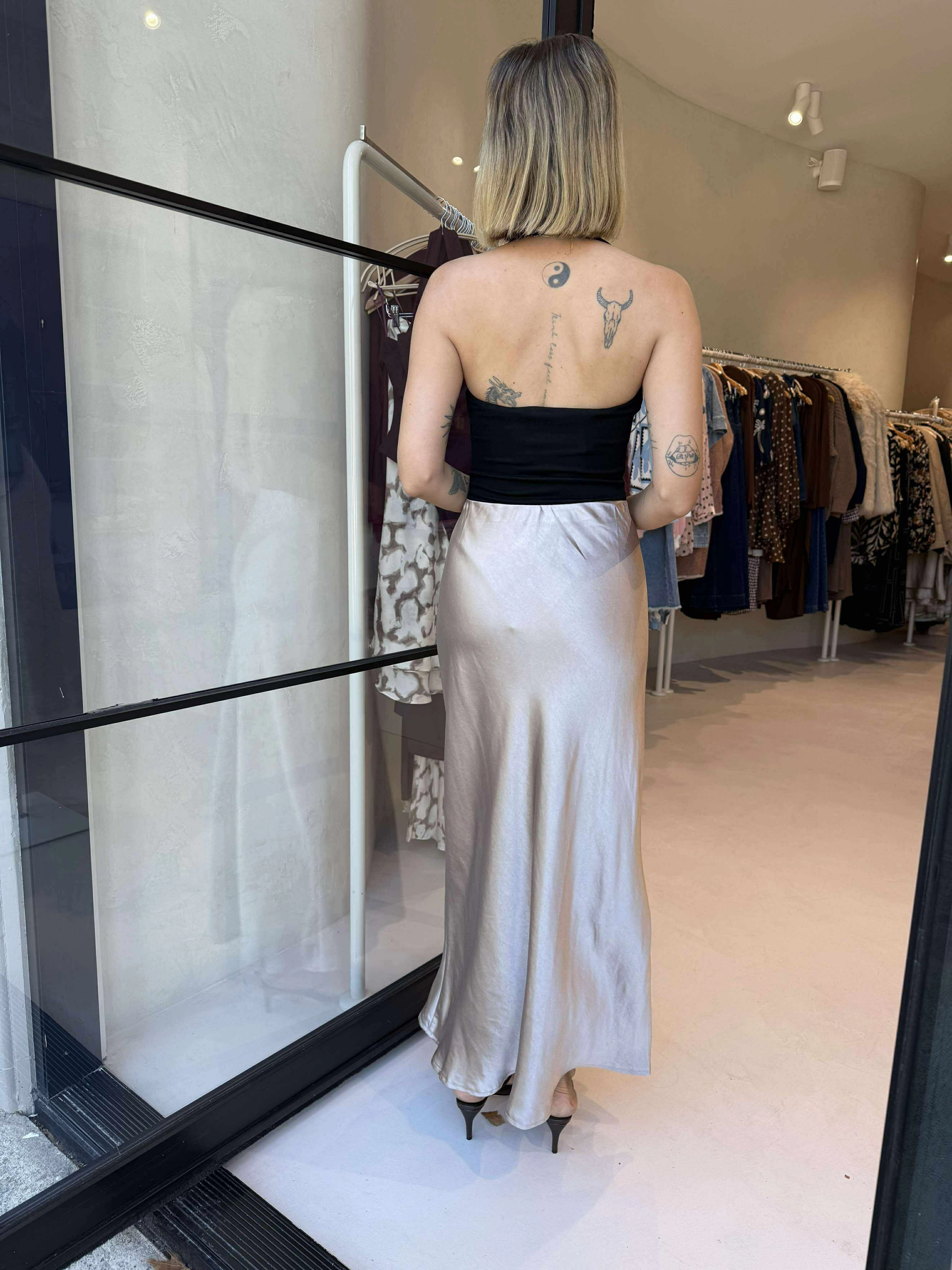 SONNY SATIN SKIRT - CHAMPAIGNE Outfit Details