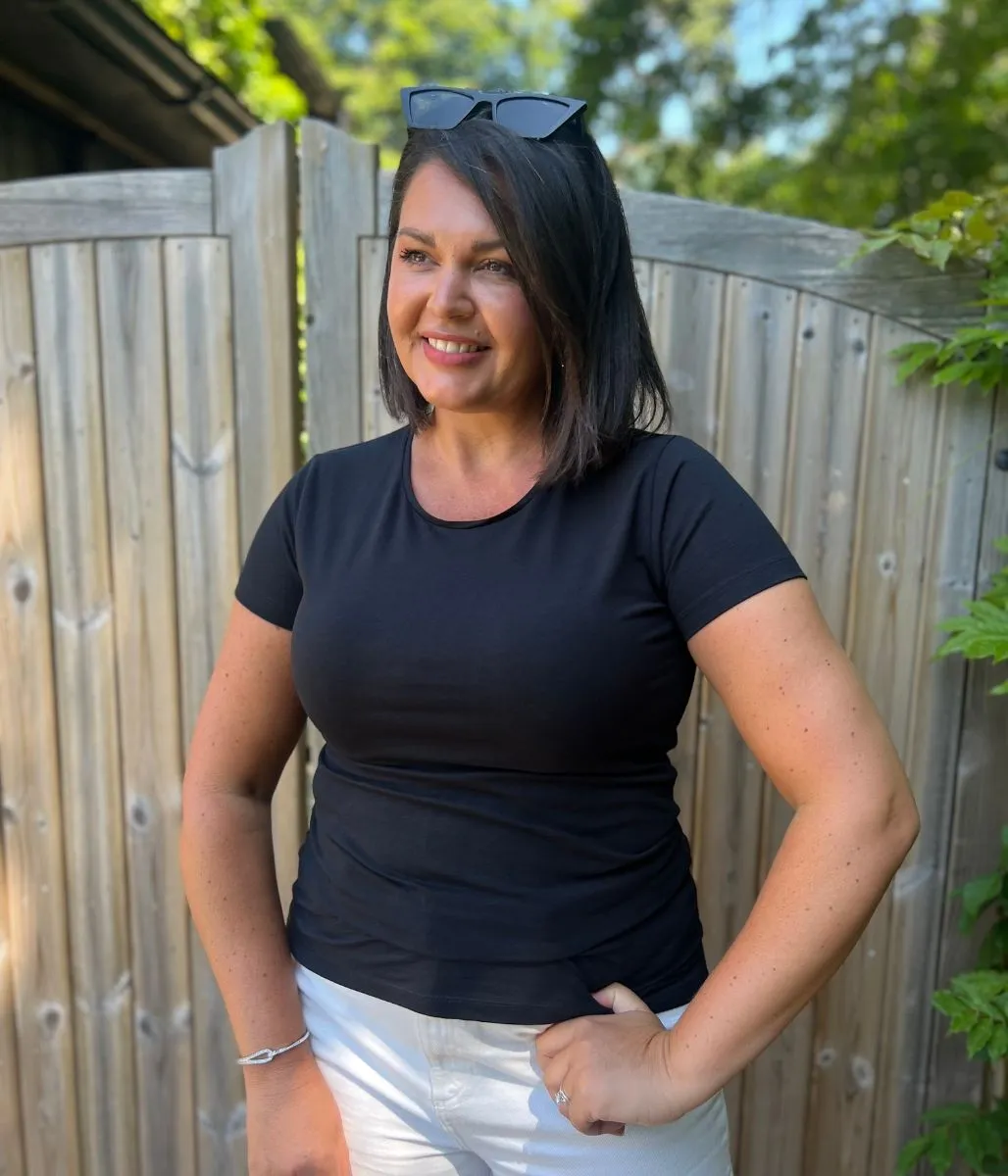 Black Basic Crew Neck Tee Hidden Zipper Closure