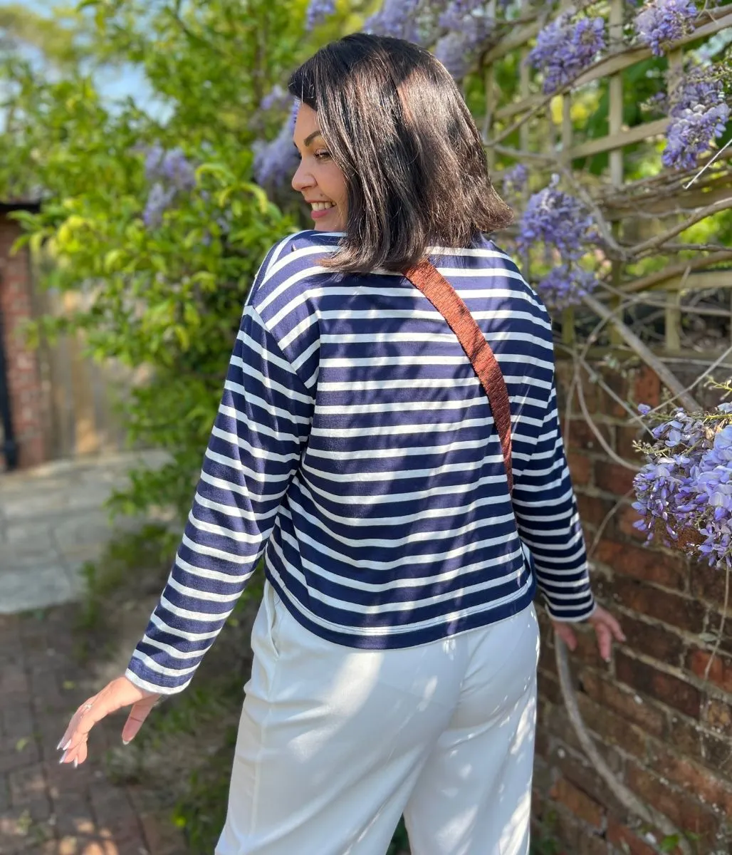 Navy Striped Relaxed Cotton Top Stretchable Material