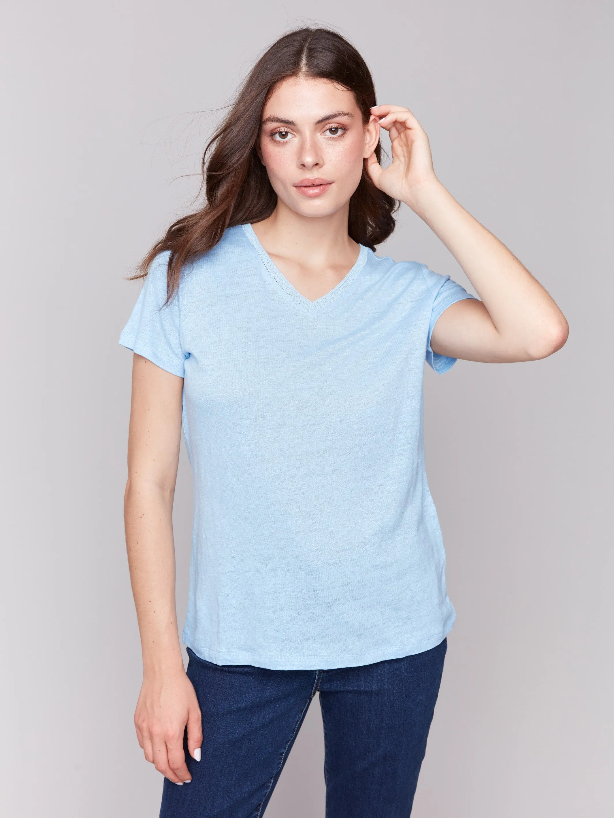 Linen Blend V-Neck T-Shirt - Bluebell Moisture Control Fabric
