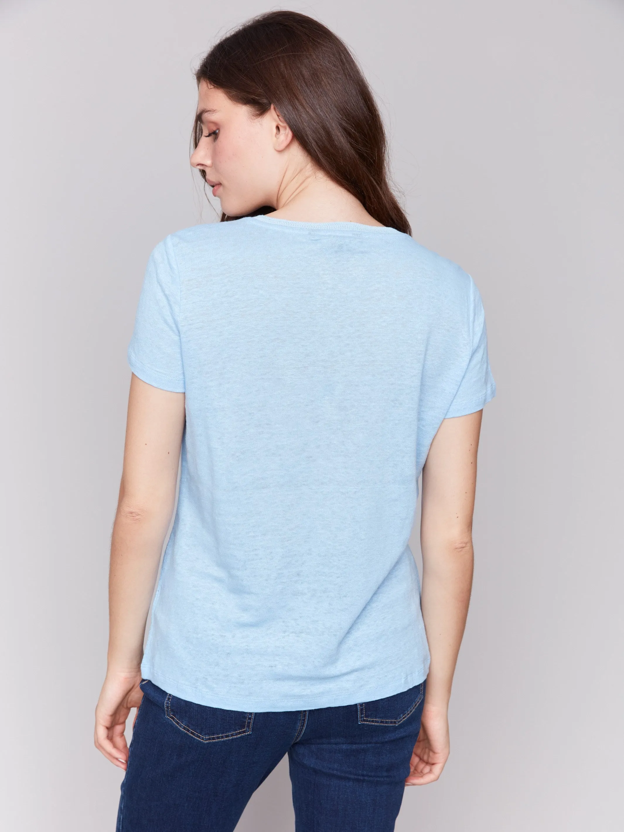 Linen Blend V-Neck T-Shirt - Bluebell DoubleLayeredShoulders WaterResistant