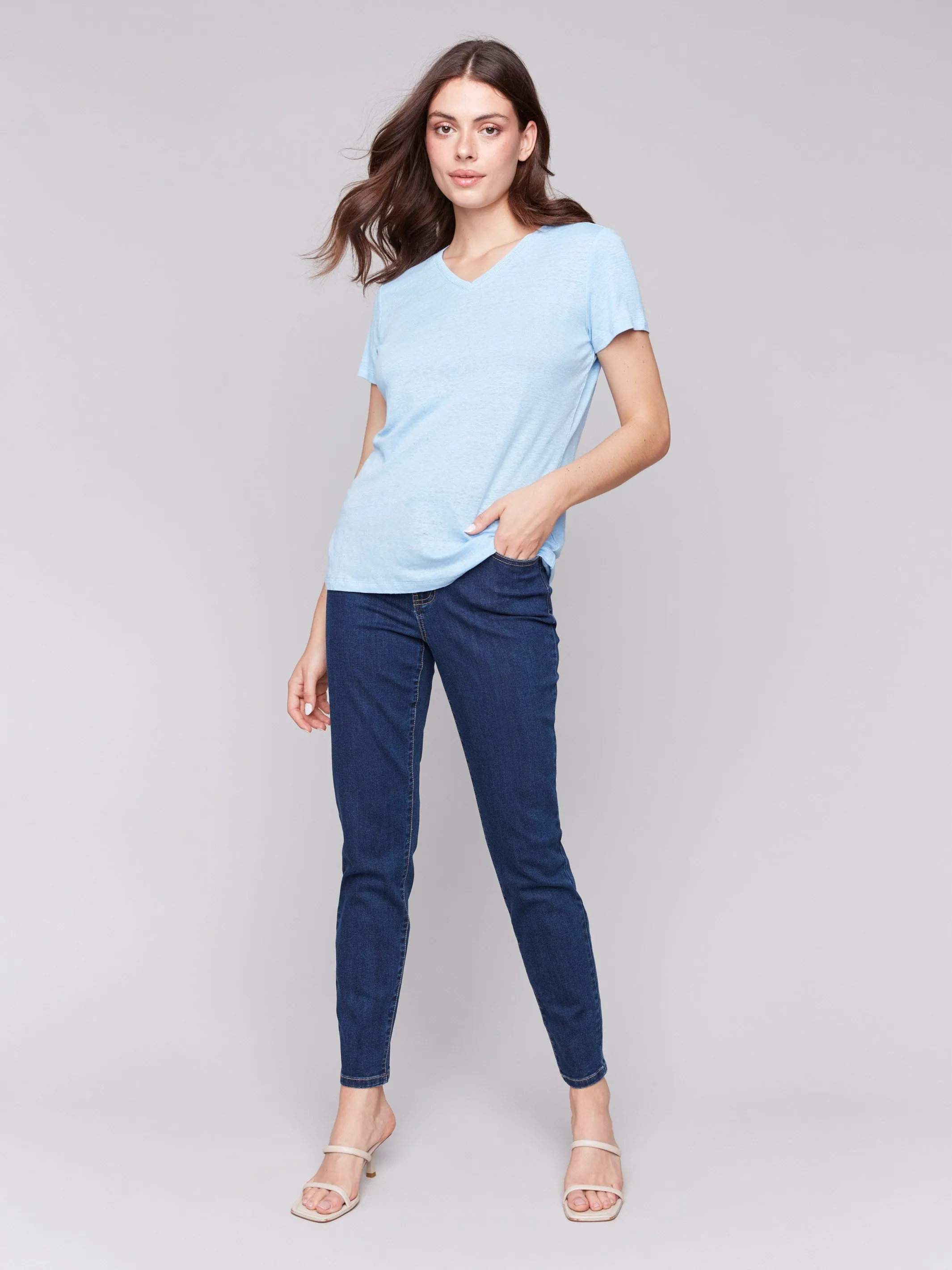 Stylish Dress Flatlock Seam Technique Linen Blend V-Neck T-Shirt - Bluebell