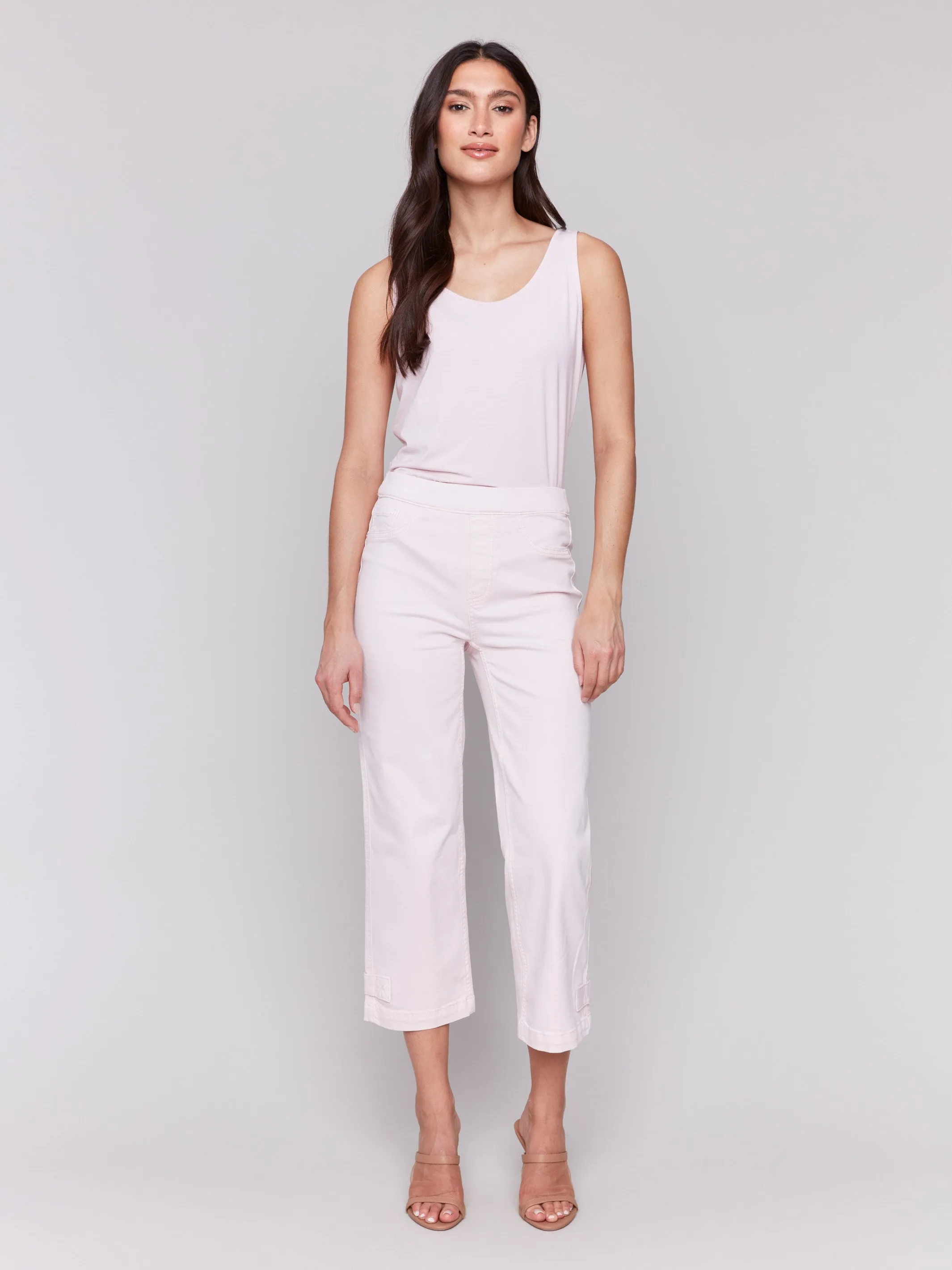 Minimal Waistband Stretchy Material Cropped Pull-On Twill Pants with Hem Tab - Petal