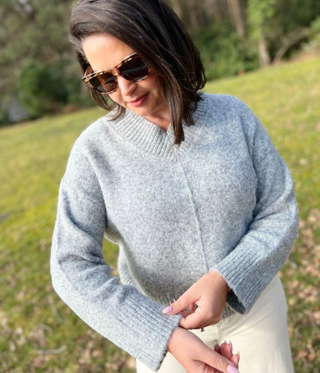 Grey Wool Blend V Neck Jumper Active Flex Comfy Knit