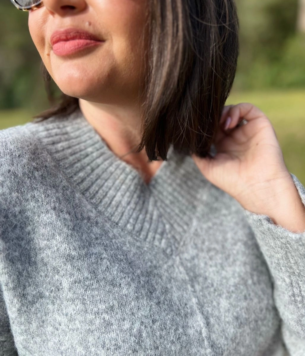 Grey Wool Blend V Neck Jumper All-Season Fit soft fit